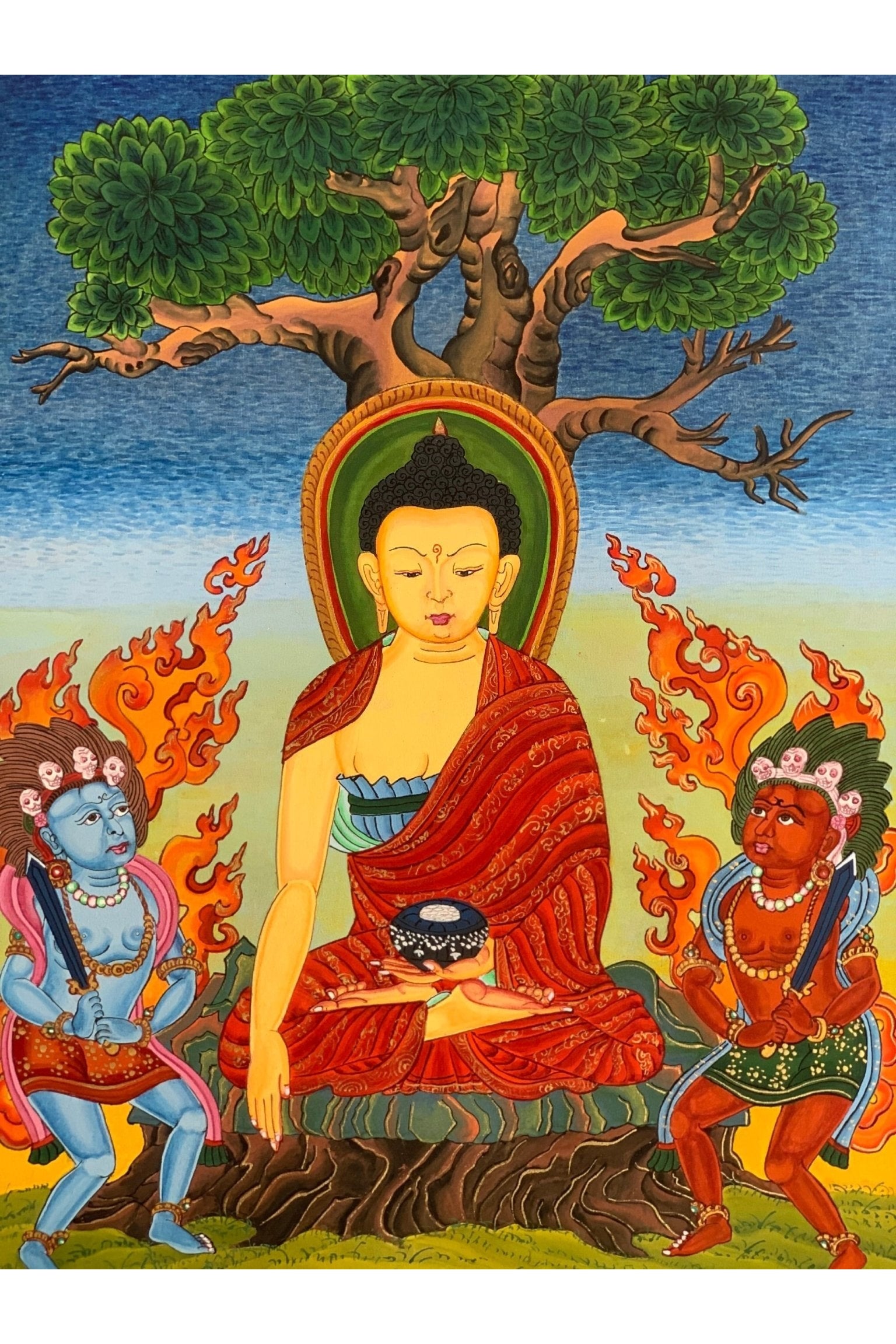 Shakyamuni, Siddhartha, Gautama, Buddha, Under Bodhi Tree, Tibetan Thangka Painting, Original Art 14x19 Inch - Tibetan Thangka Art