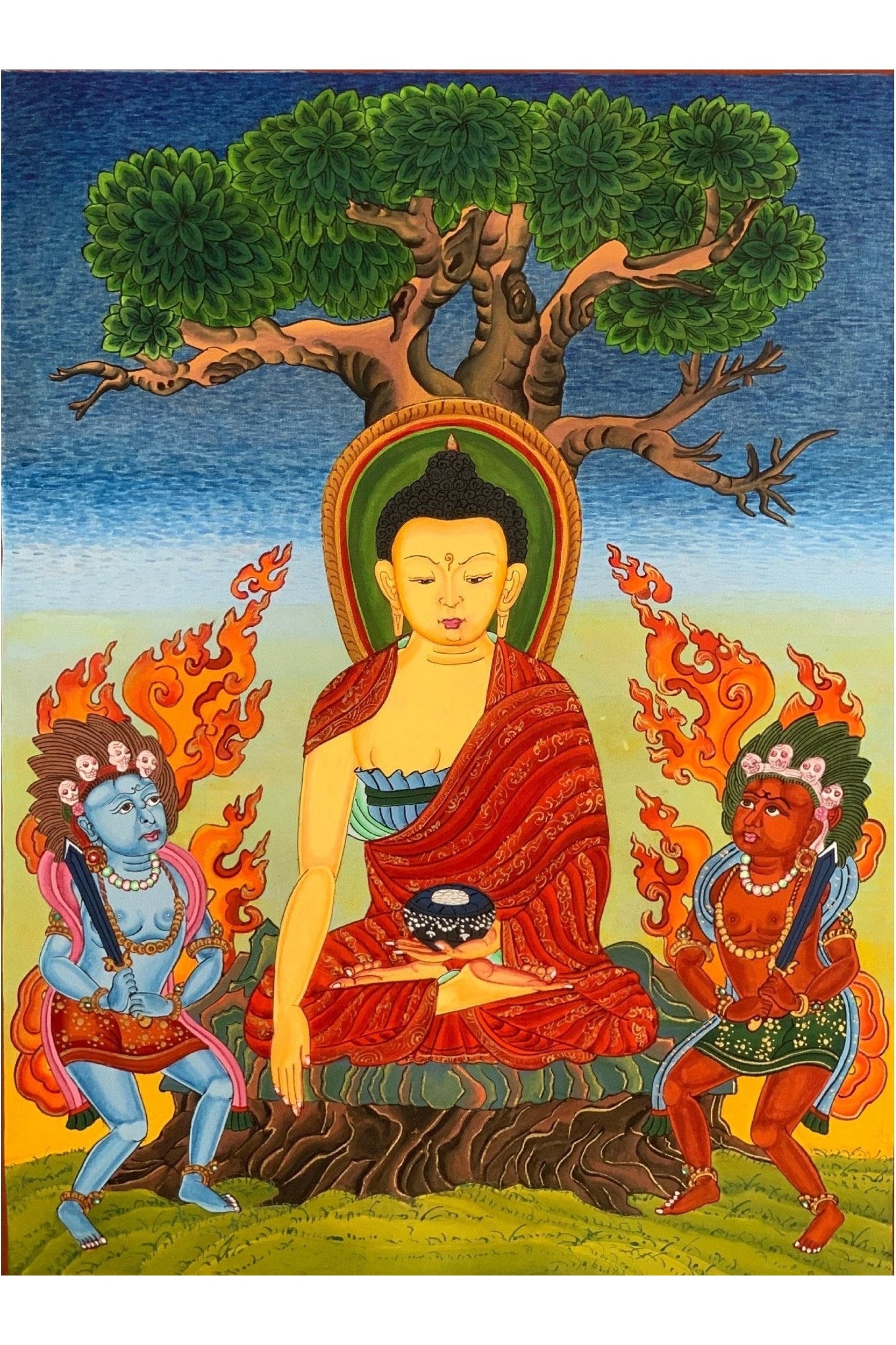 Shakyamuni, Siddhartha, Gautama, Buddha, Under Bodhi Tree, Tibetan Thangka Painting, Original Art 14x19 Inch - Tibetan Thangka Art