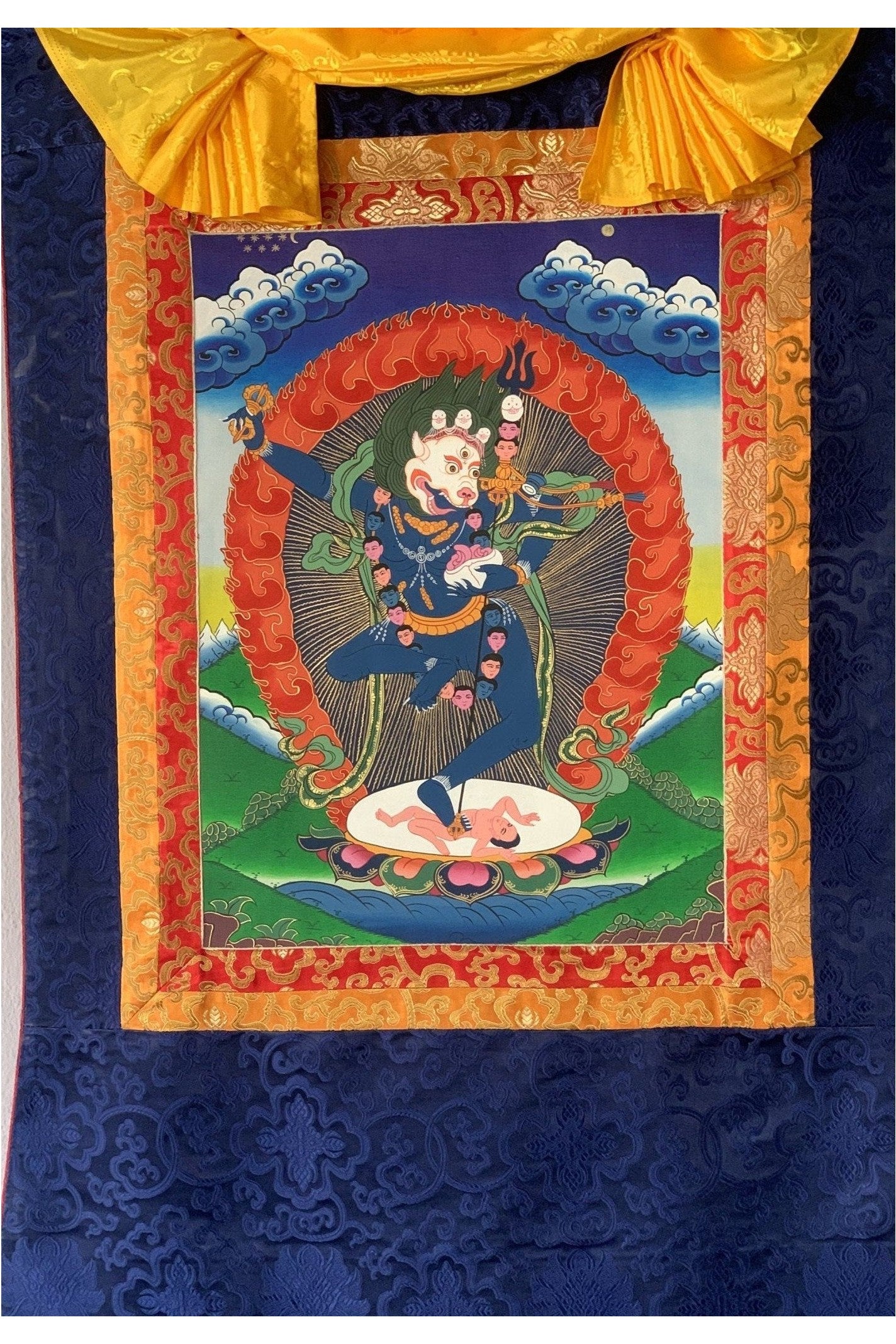 Simhamukhi/ Simhamukha/ Lion Face Dakini/Yogini/ Jogini Tibetan Thangka Painting Original Art with Silk Brocade - Tibetan Thangka Art