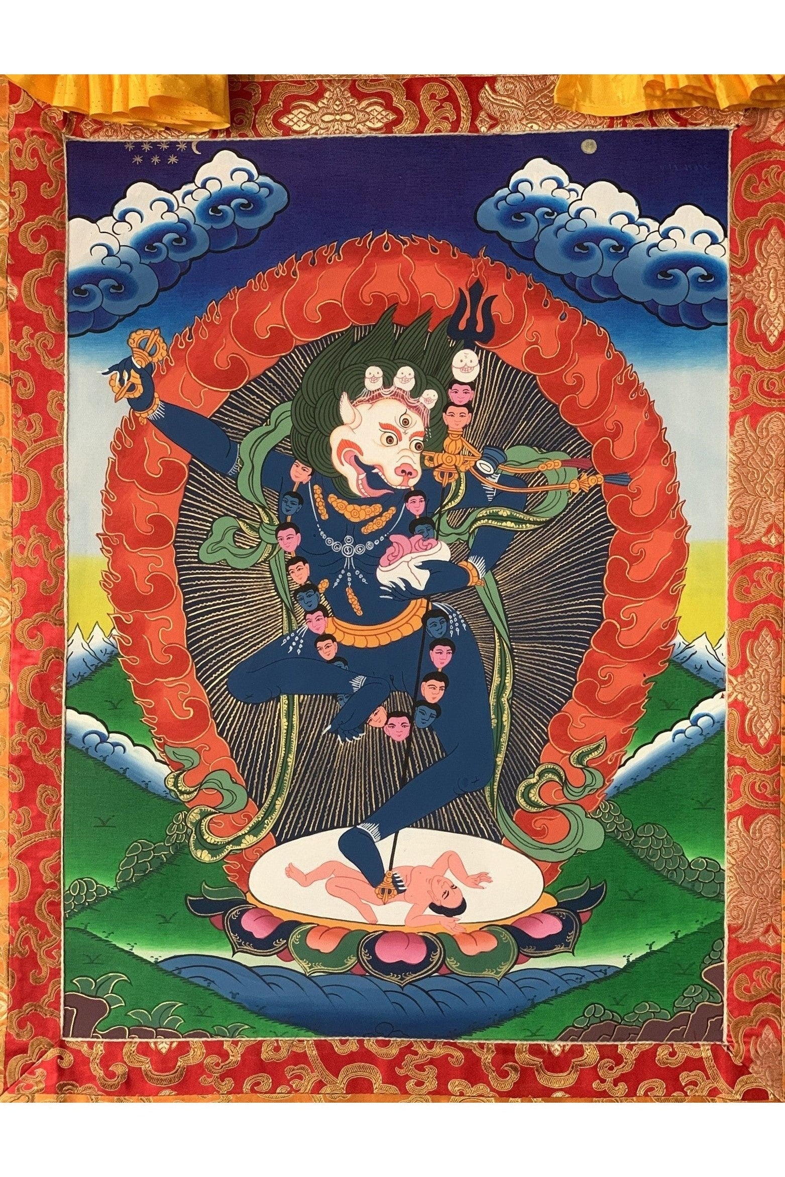 Simhamukhi/ Simhamukha/ Lion Face Dakini/Yogini/ Jogini Tibetan Thangka Painting Original Art with Silk Brocade - Tibetan Thangka Art