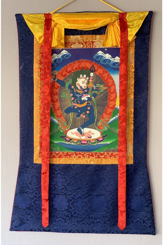 Simhamukhi/ Simhamukha/ Lion Face Dakini/Yogini/ Jogini Tibetan Thangka Painting Original Art with Silk Brocade - Tibetan Thangka Art