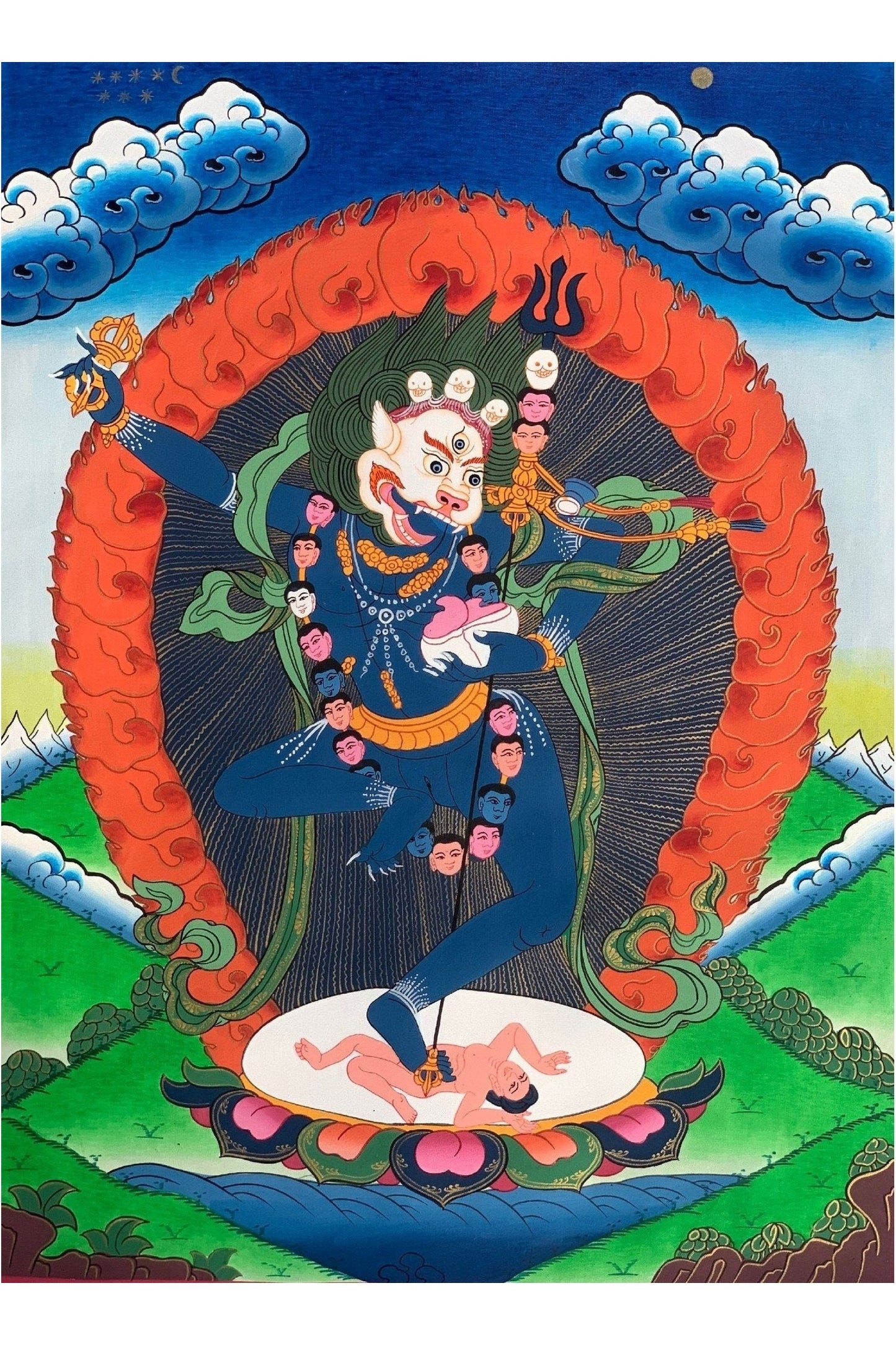 Simhamukhi/ Simhamukha/ Lion Face Dakini/Yogini/ Jogini Tibetan Thangka Painting Original Art with Silk Brocade - Tibetan Thangka Art