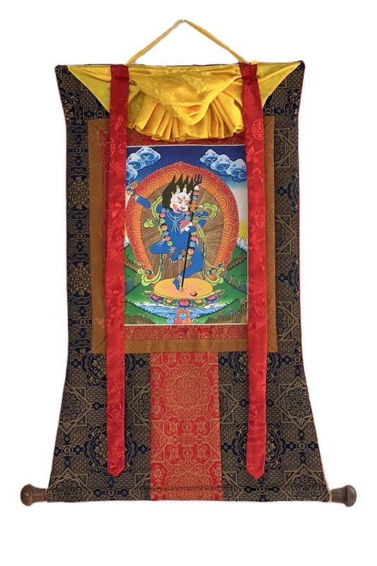 Simhamukhi/ Simhamukha/ Lion Face Dakini/Yogini/ Jogini Tibetan Thangka Painting Original Buddhist Art with Premium Silk Brocade - Tibetan Thangka Art