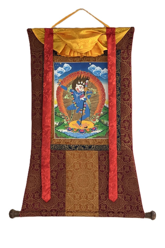 Simhamukhi/ Simhamukha Yogini/ Lion Faced Dakini/Female Buddha Original Hand - painted Tibetan Thangka Painting with Premium Silk Brocade - Tibetan Thangka Art