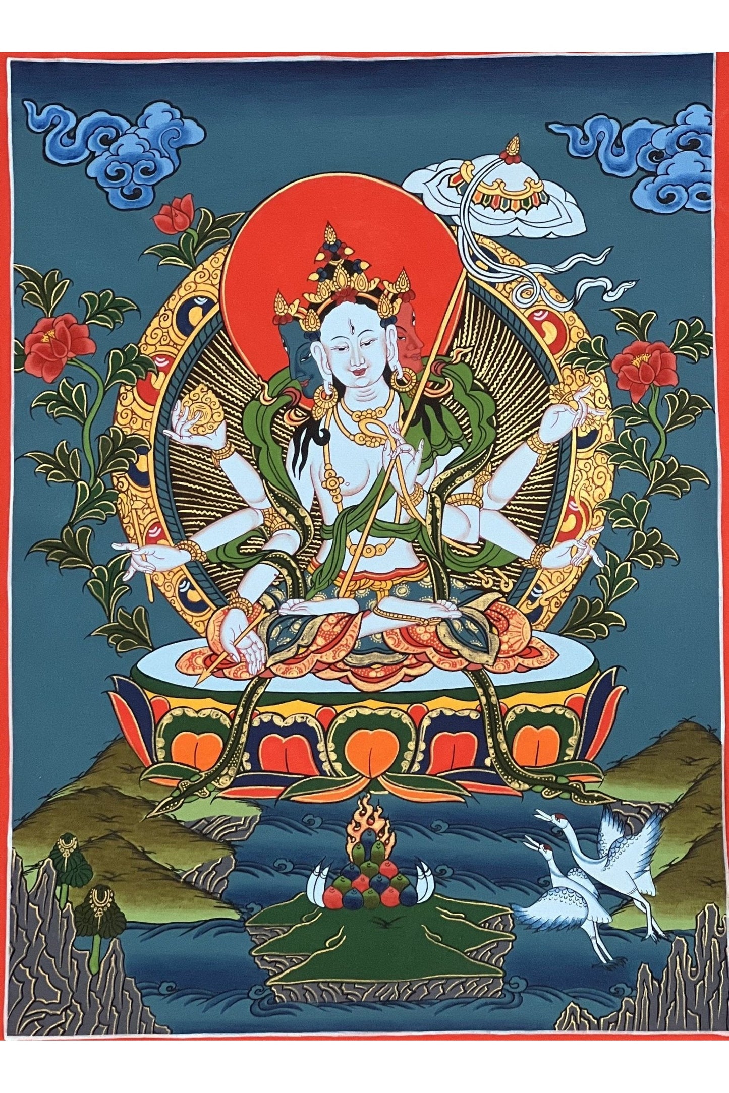 Sitatapatra/ Dukkar/ Lady of the White Umbrella - Goddess of Protection Masterpiece Original Tibetan Thangka Painting, Meditation Artistry - Tibetan Thangka Art