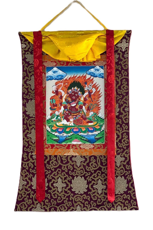 Six - Armed Mahakala / Kalabhairava Tibetan Thangka Painting/ Original Buddhist Art with Silk Frame ( Brocade) - Tibetan Thangka Art