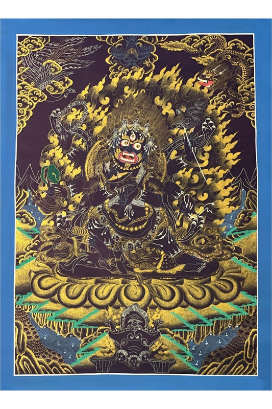 Six - Armed Mahakala/ Mahankala Thangka | Master Quality Tibetan Painting | Black and Gold Original Hand - Painted Buddhist Art - Tibetan Thangka Art