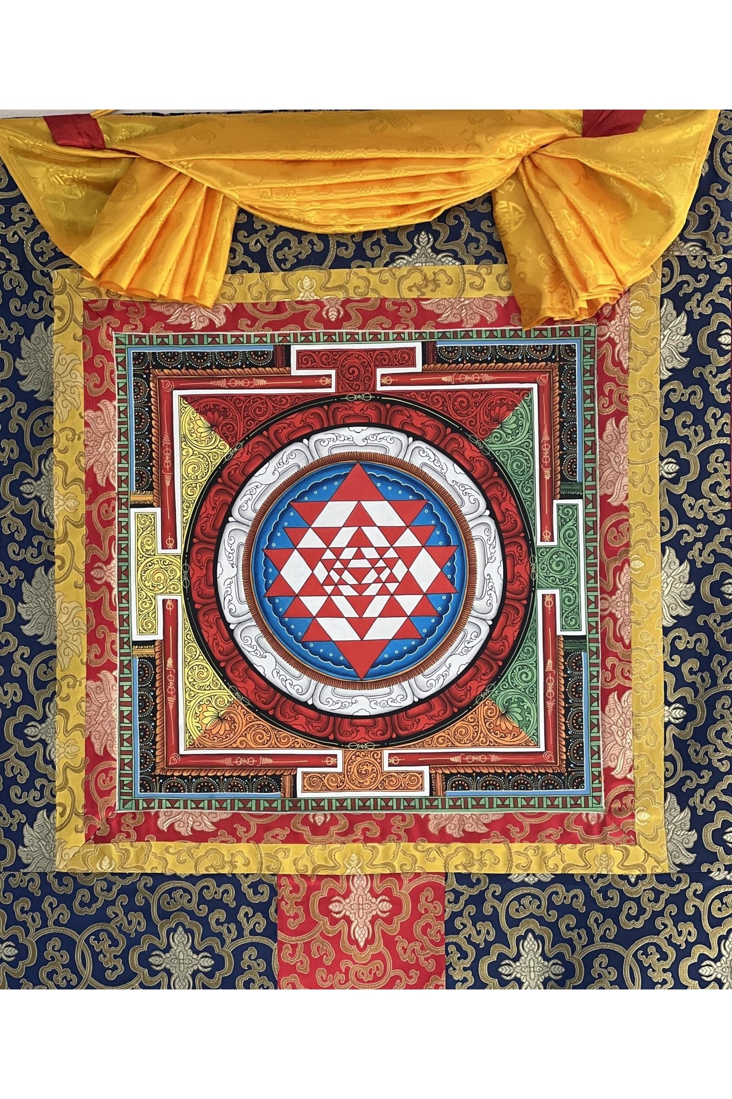 Sri Yantra/ Shri Yantra/ Shri Chakra Newari Pauba, Thangka Painting for Prosperity /Wealth Original Art with Silk Brocade - Tibetan Thangka Art