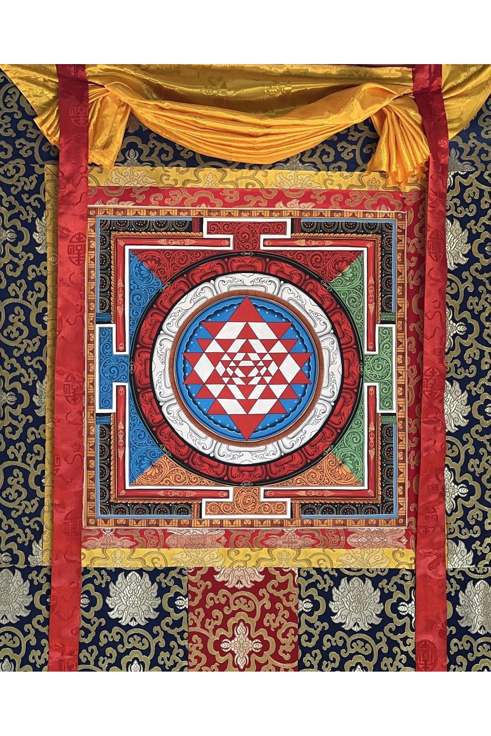 Sri Yantra/ Shri Yantra/ Shri Chakra Newari Pauba, Thangka Painting for Prosperity /Wealth Original Art with Silk Brocade - Tibetan Thangka Art