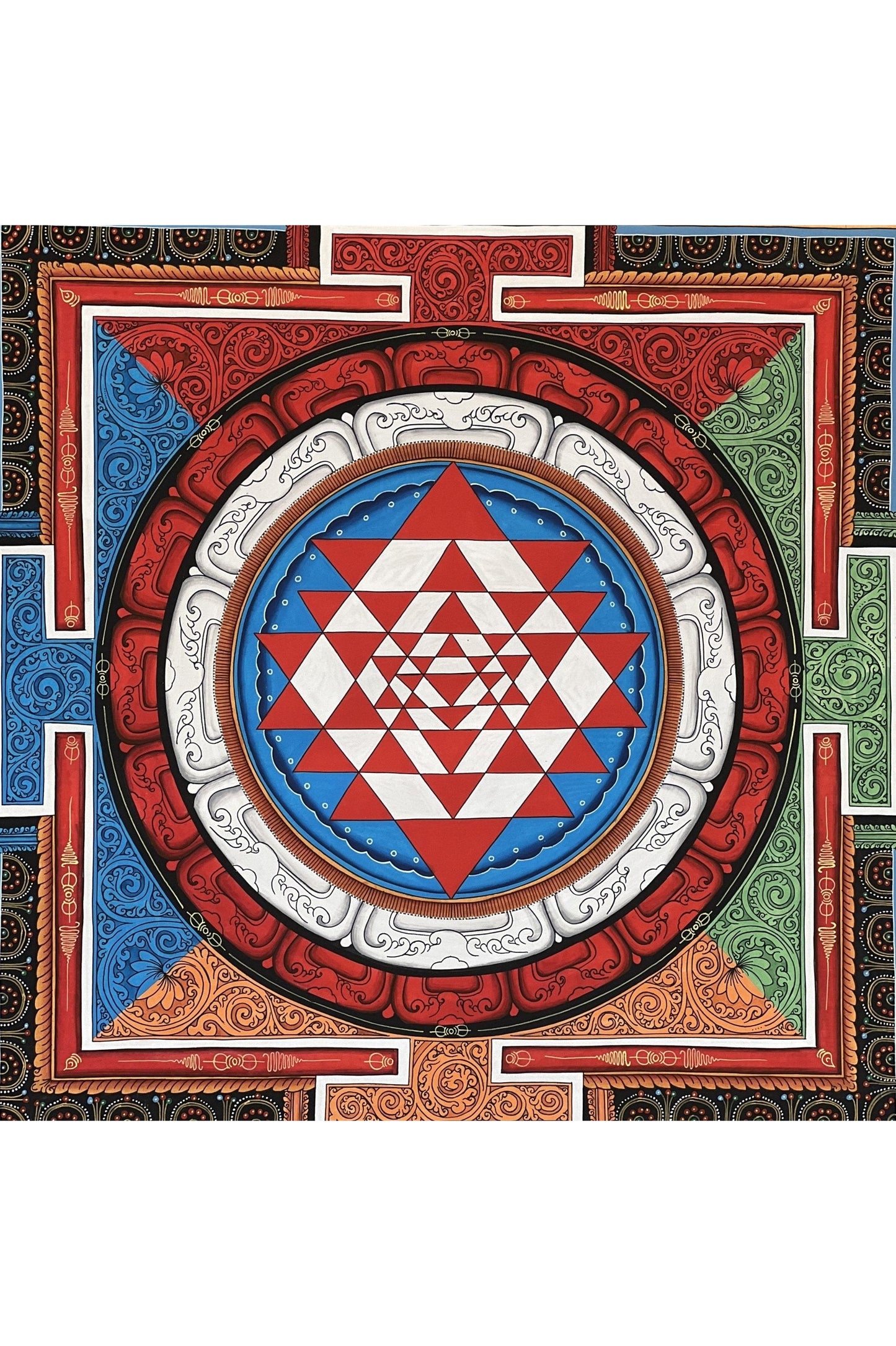 Sri Yantra/ Shri Yantra/ Shri Chakra Newari Pauba, Thangka Painting for Prosperity /Wealth Original Art with Silk Brocade - Tibetan Thangka Art