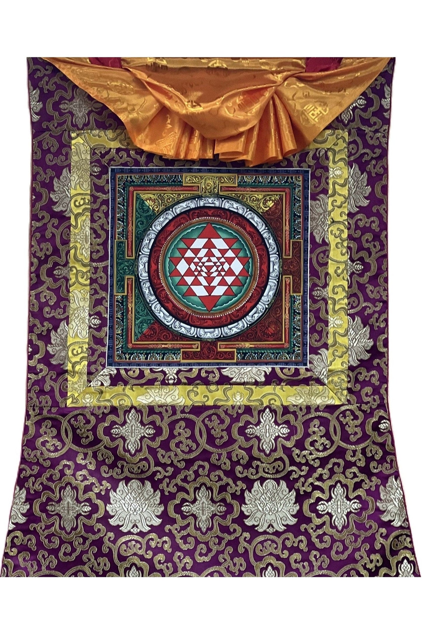 Sri Yantra/ Shri Yantra/ Shri Chakra Newari Paubha Thangka Painting for Prosperity and Wealth Original Art with Silk Brocade - Tibetan Thangka Art