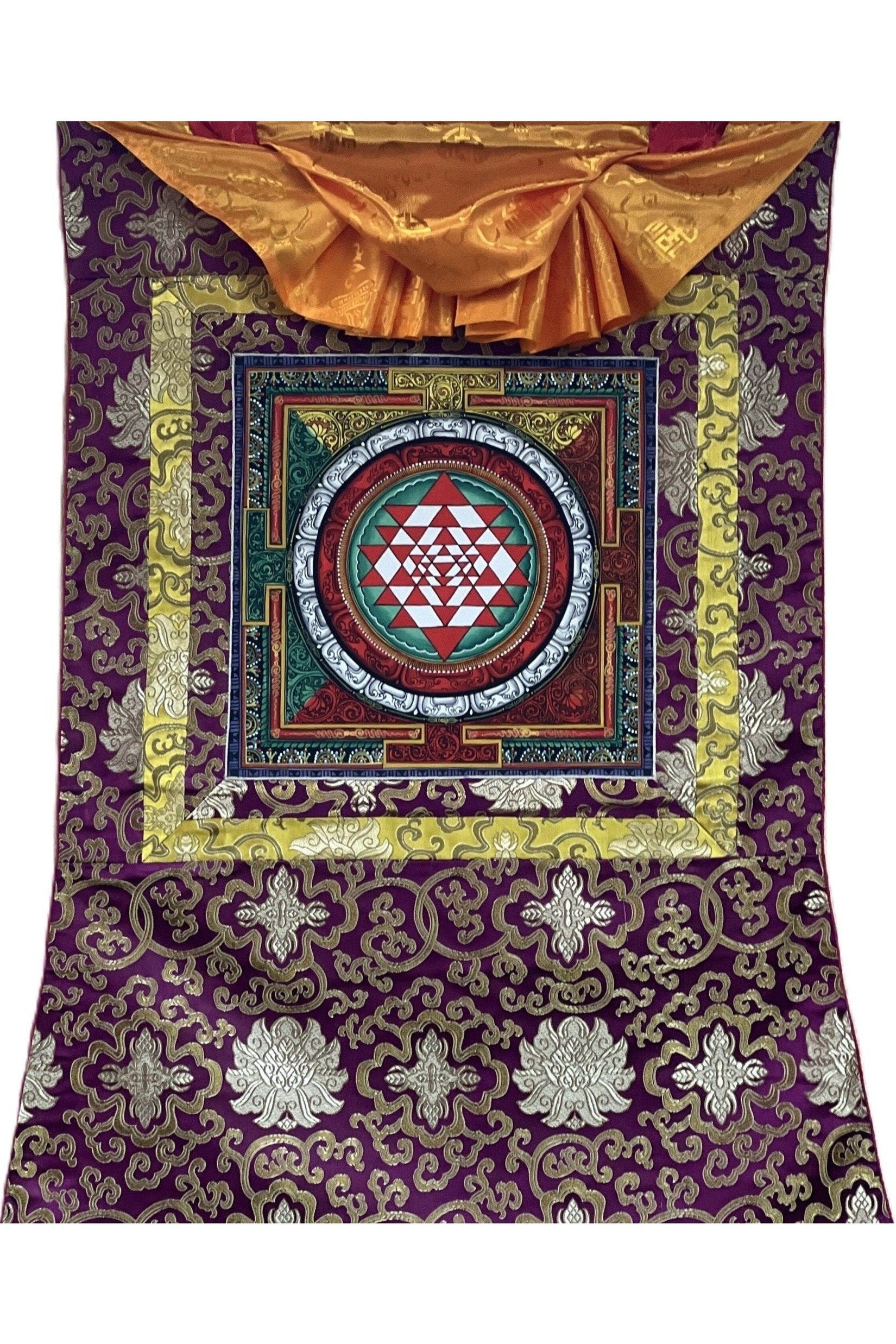 Sri Yantra/ Shri Yantra/ Shri Chakra Newari Paubha Thangka Painting for Prosperity and Wealth Original Art with Silk Brocade - Tibetan Thangka Art