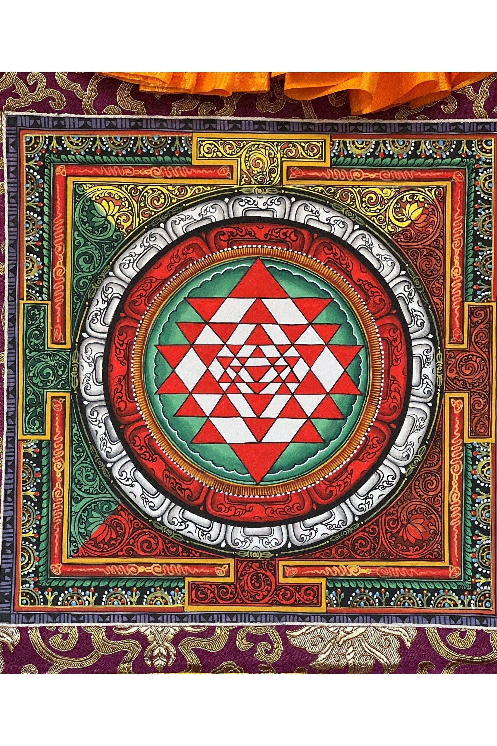 Sri Yantra/ Shri Yantra/ Shri Chakra Newari Paubha Thangka Painting for Prosperity and Wealth Original Art with Silk Brocade - Tibetan Thangka Art