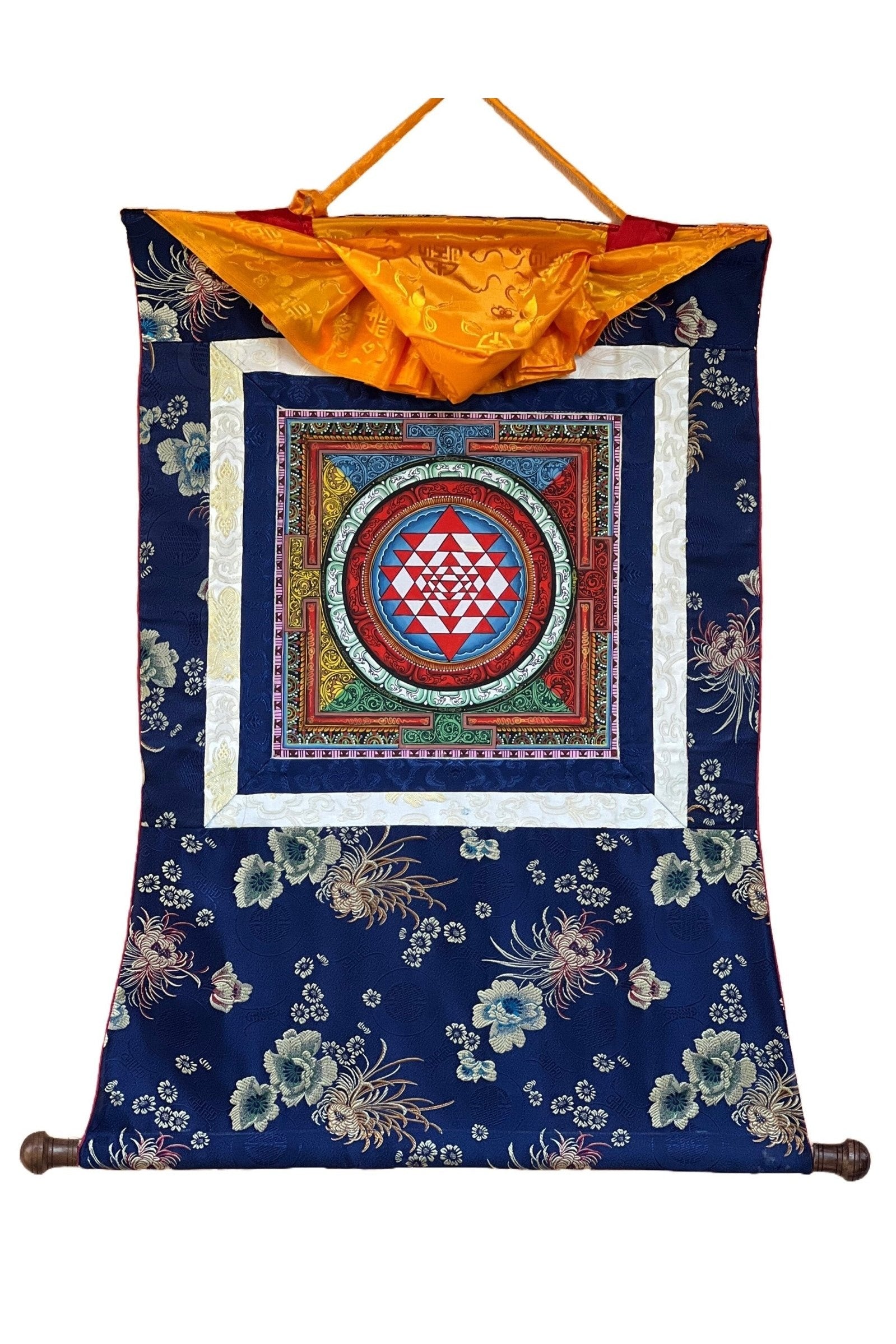 Sri Yantra/ Shri Yantra/ Shri Chakra Newari Paubha Thangka Painting Original Art for Prosperity and Wealth with Silk Brocade - Tibetan Thangka Art