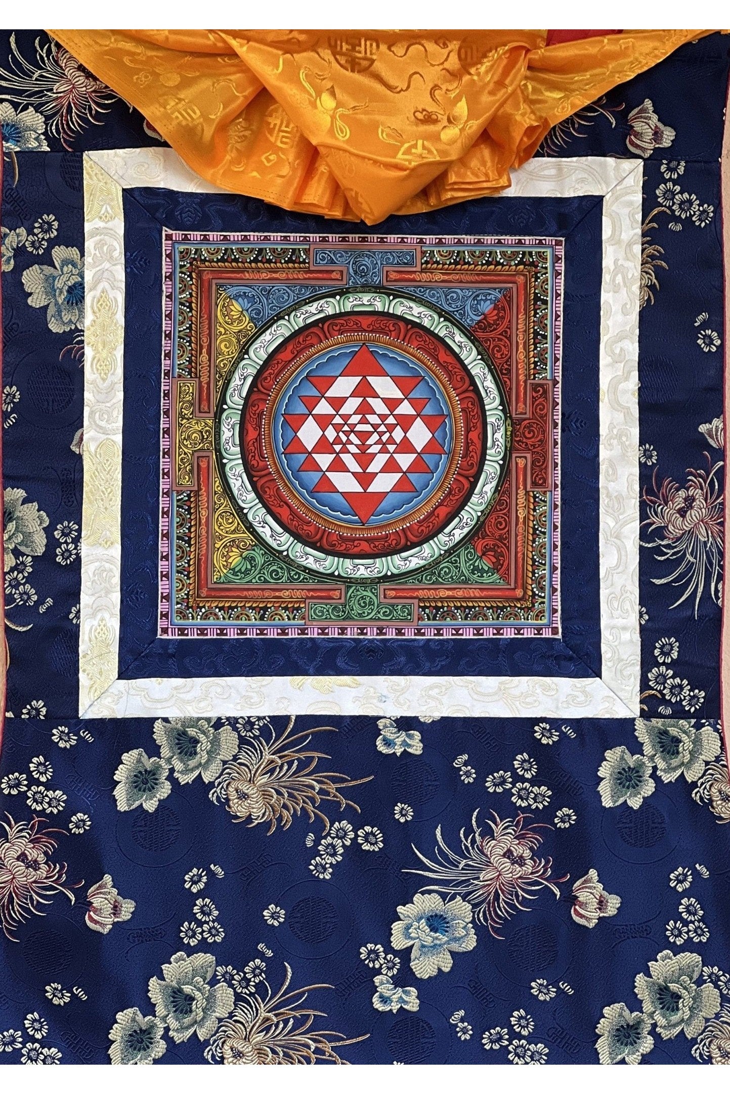 Sri Yantra/ Shri Yantra/ Shri Chakra Newari Paubha Thangka Painting Original Art for Prosperity and Wealth with Silk Brocade - Tibetan Thangka Art