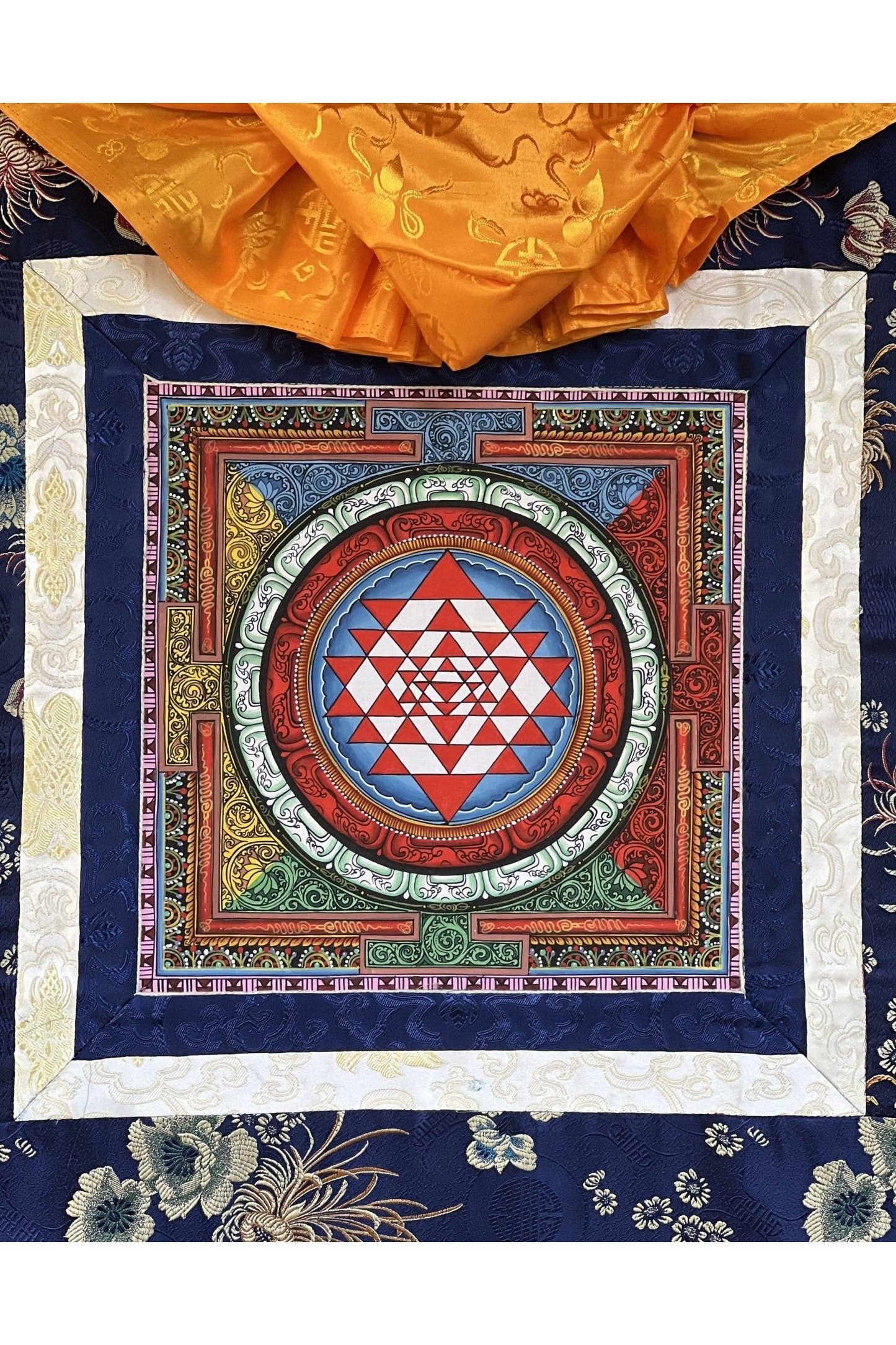 Sri Yantra/ Shri Yantra/ Shri Chakra Newari Paubha Thangka Painting Original Art for Prosperity and Wealth with Silk Brocade - Tibetan Thangka Art