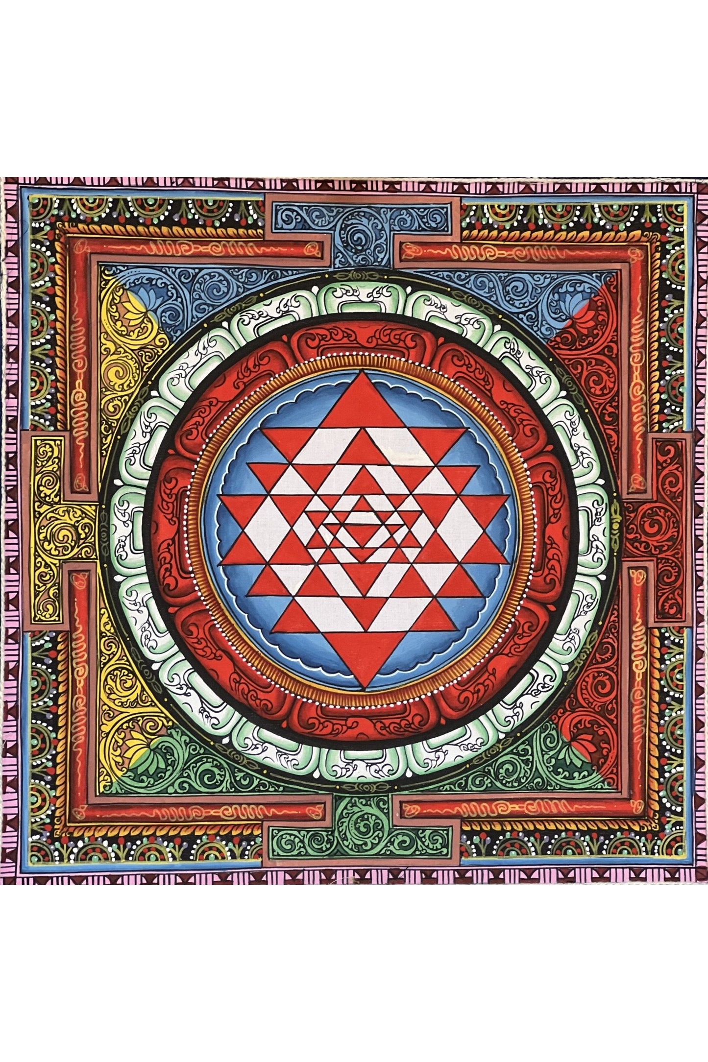 Sri Yantra/ Shri Yantra/ Shri Chakra Newari Paubha Thangka Painting Original Art for Prosperity and Wealth with Silk Brocade - Tibetan Thangka Art