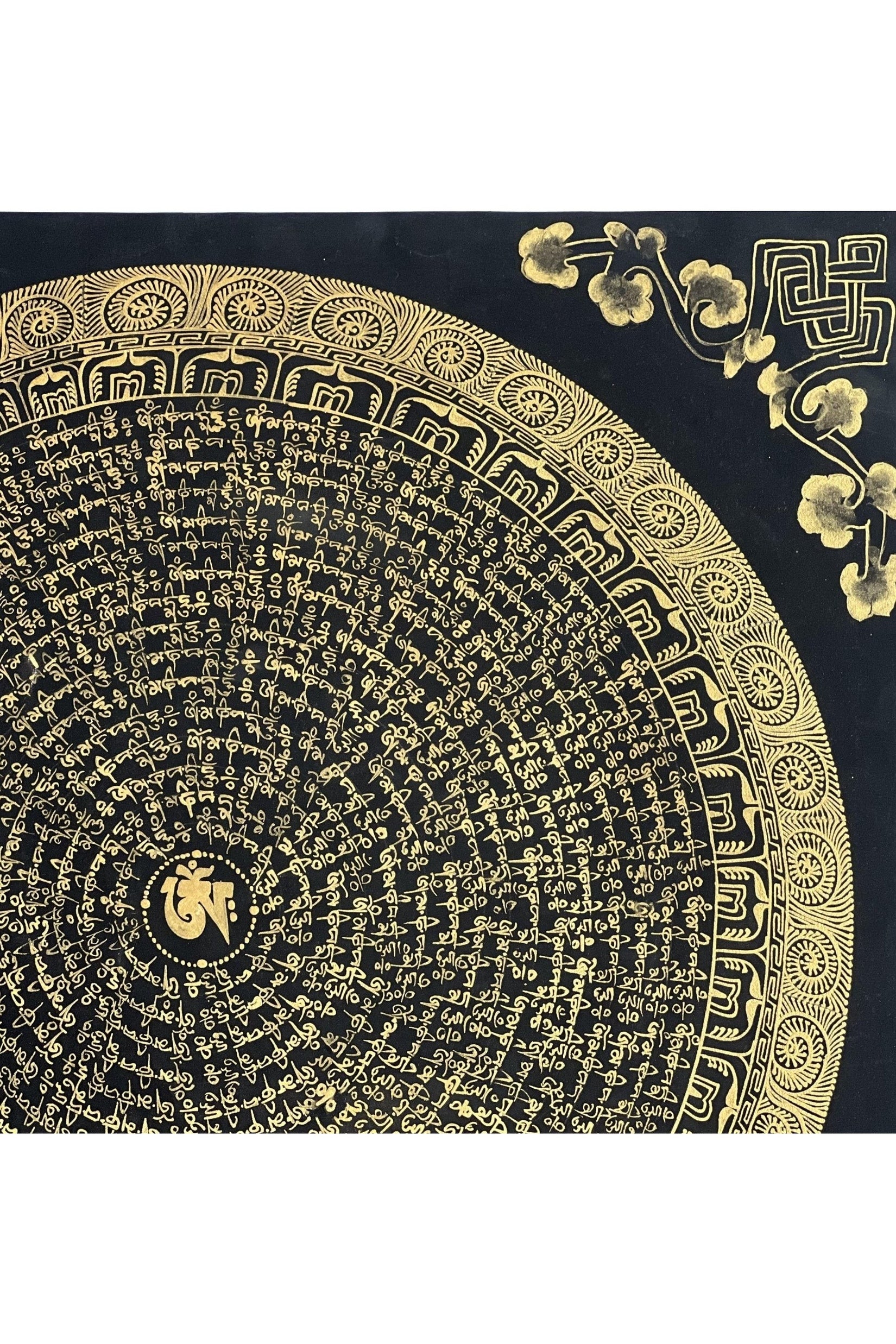 Tibetan Om/ Om Mani Padme Hum Mantra Mandala Wheel of Life Black and Gold Original Thangka Painting /Meditation Art/Wall Hanging - Tibetan Thangka Art