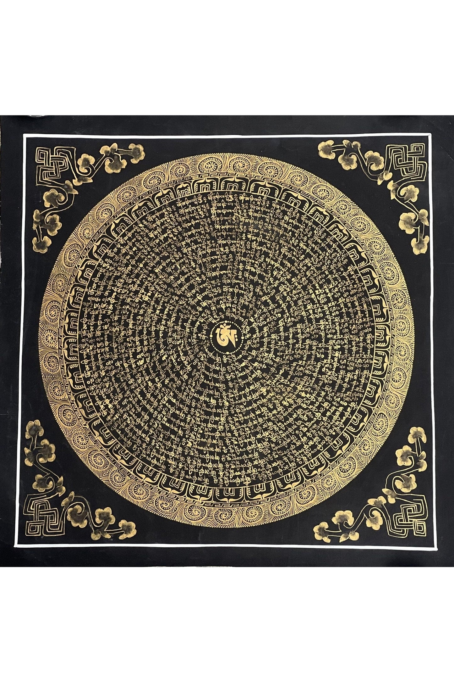 Tibetan Om/ Om Mani Padme Hum Mantra Mandala Wheel of Life Black and Gold Original Thangka Painting /Meditation Art/Wall Hanging - Tibetan Thangka Art