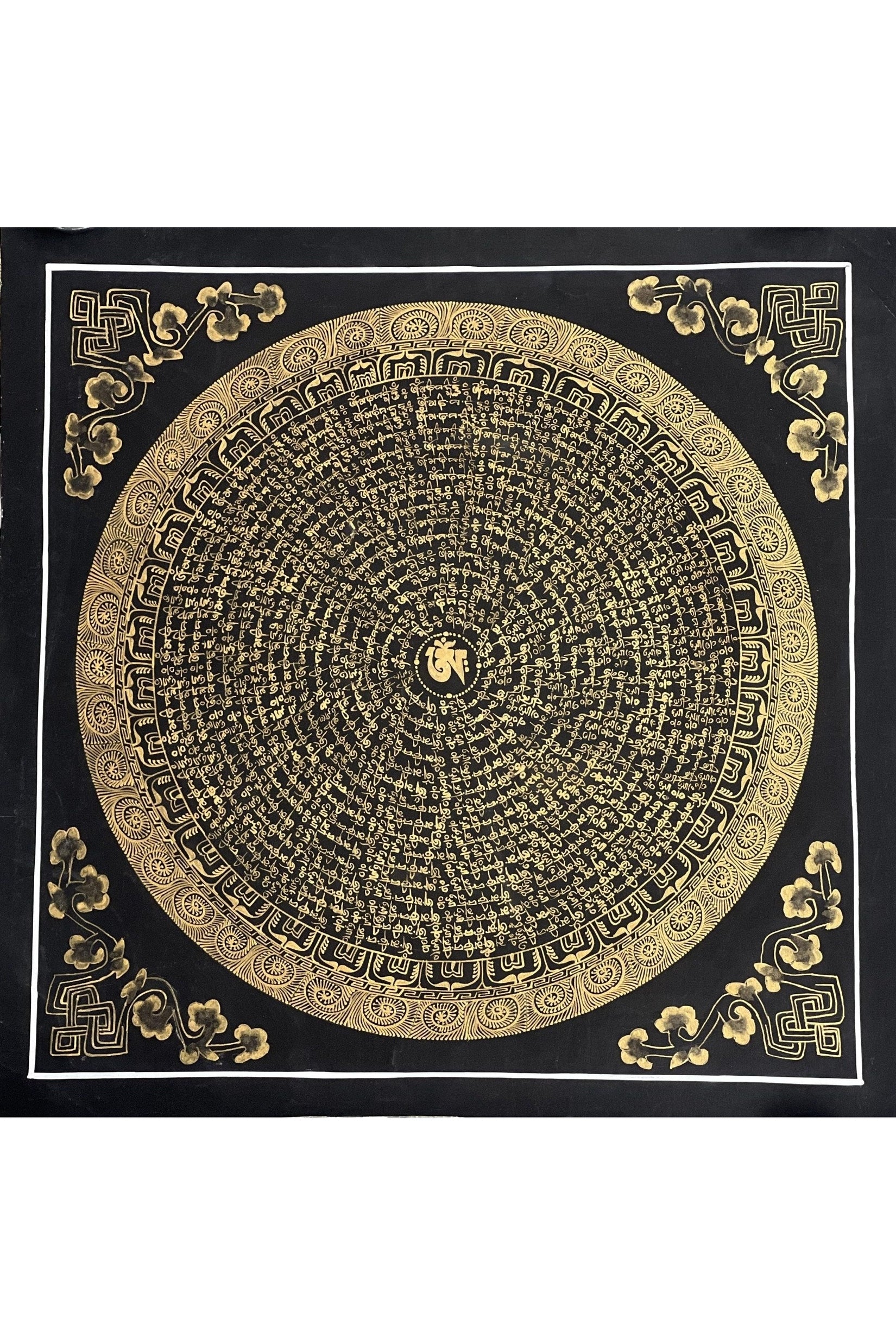 Tibetan Om/ Om Mani Padme Hum Mantra Mandala Wheel of Life Black and Gold Original Thangka Painting /Meditation Art/Wall Hanging - Tibetan Thangka Art