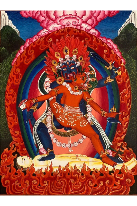 Vajrabhairava with concert Vajravetali, Newari Paubha Masterpiece Tibetan Thangka Painting Original Art of Kathmandu Valley - Tibetan Thangka Art