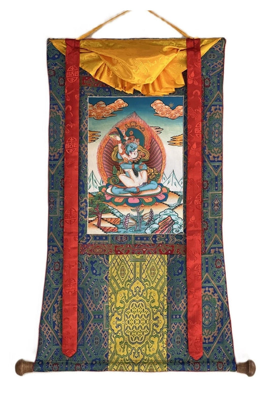 Vajradhara in Divine Union (Yab - Yum) with Concert Prajnaparamita/ Newari Paubha/ Thangka Painting/ Original Art with premium Silk Brocade - Tibetan Thangka Art