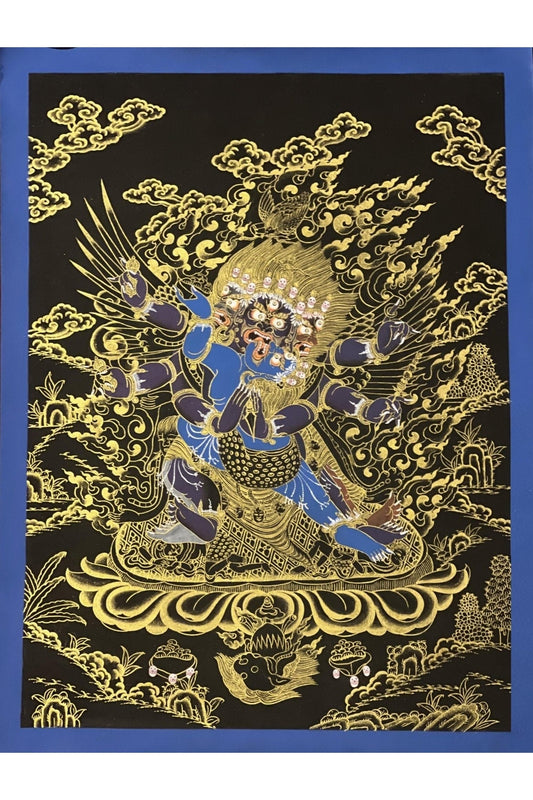 Vajrakilaya/ Phurbakilaya/ Wrathful Tantric Meditation Deity with Diptachakra Black and Gold Tibetan Thangka Painting Original Buddhist Art - Tibetan Thangka Art