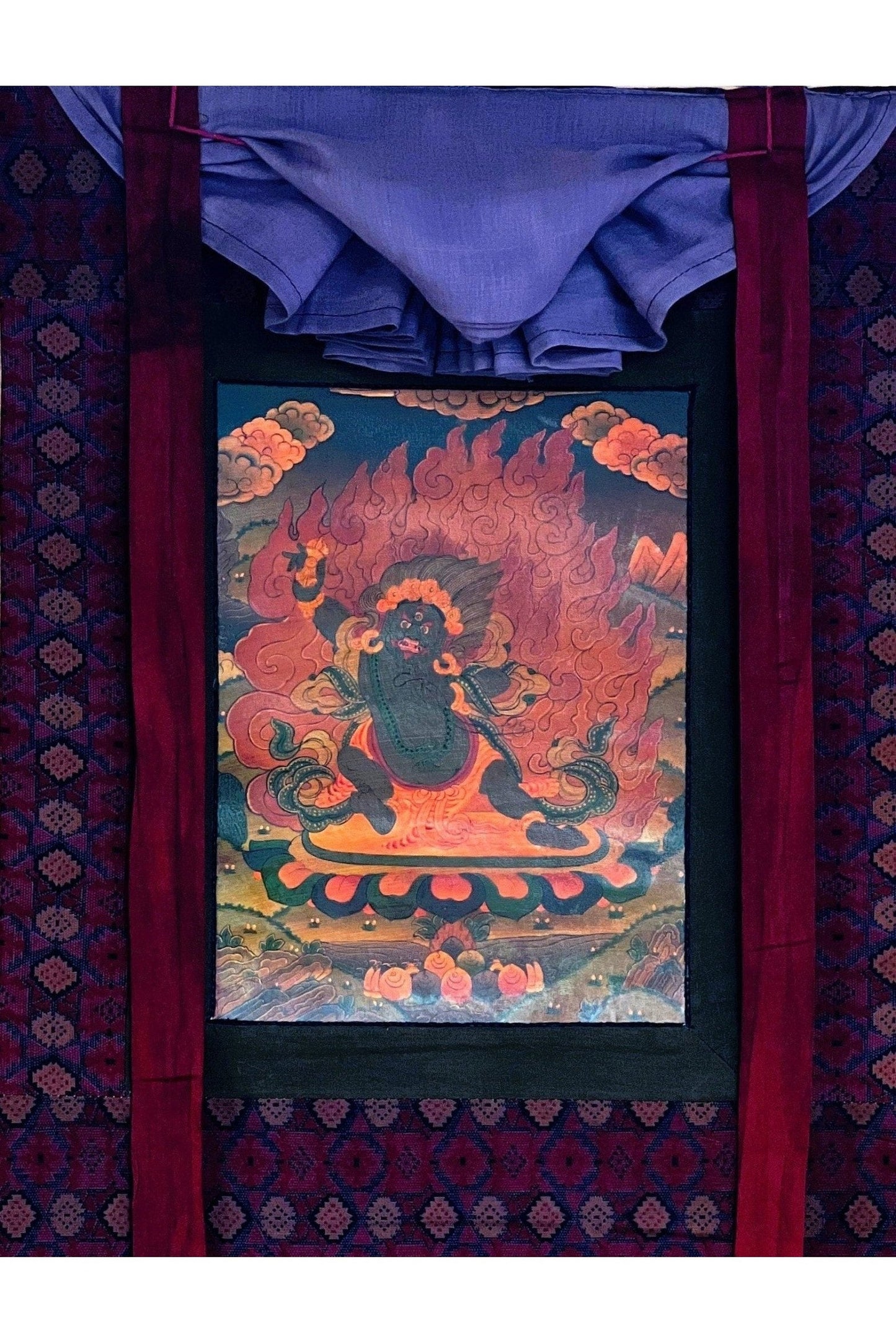 Vajrapani/ Dharmapala Old Oil Varnished Tibetan Thangka Painting Original Hand - Painted Buddhist Art with Cotton Brocade - Tibetan Thangka Art