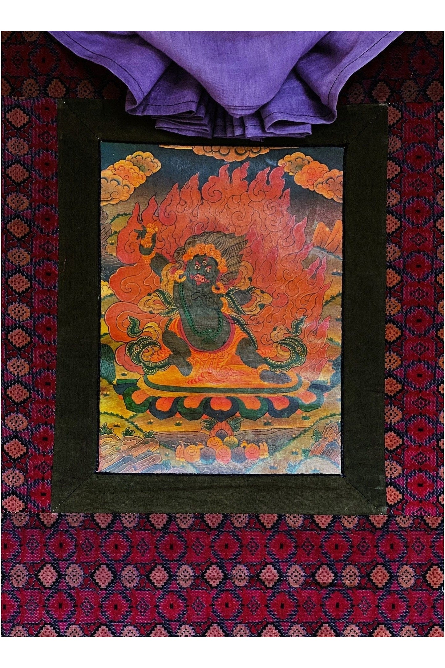 Vajrapani/ Dharmapala Old Oil Varnished Tibetan Thangka Painting Original Hand - Painted Buddhist Art with Cotton Brocade - Tibetan Thangka Art