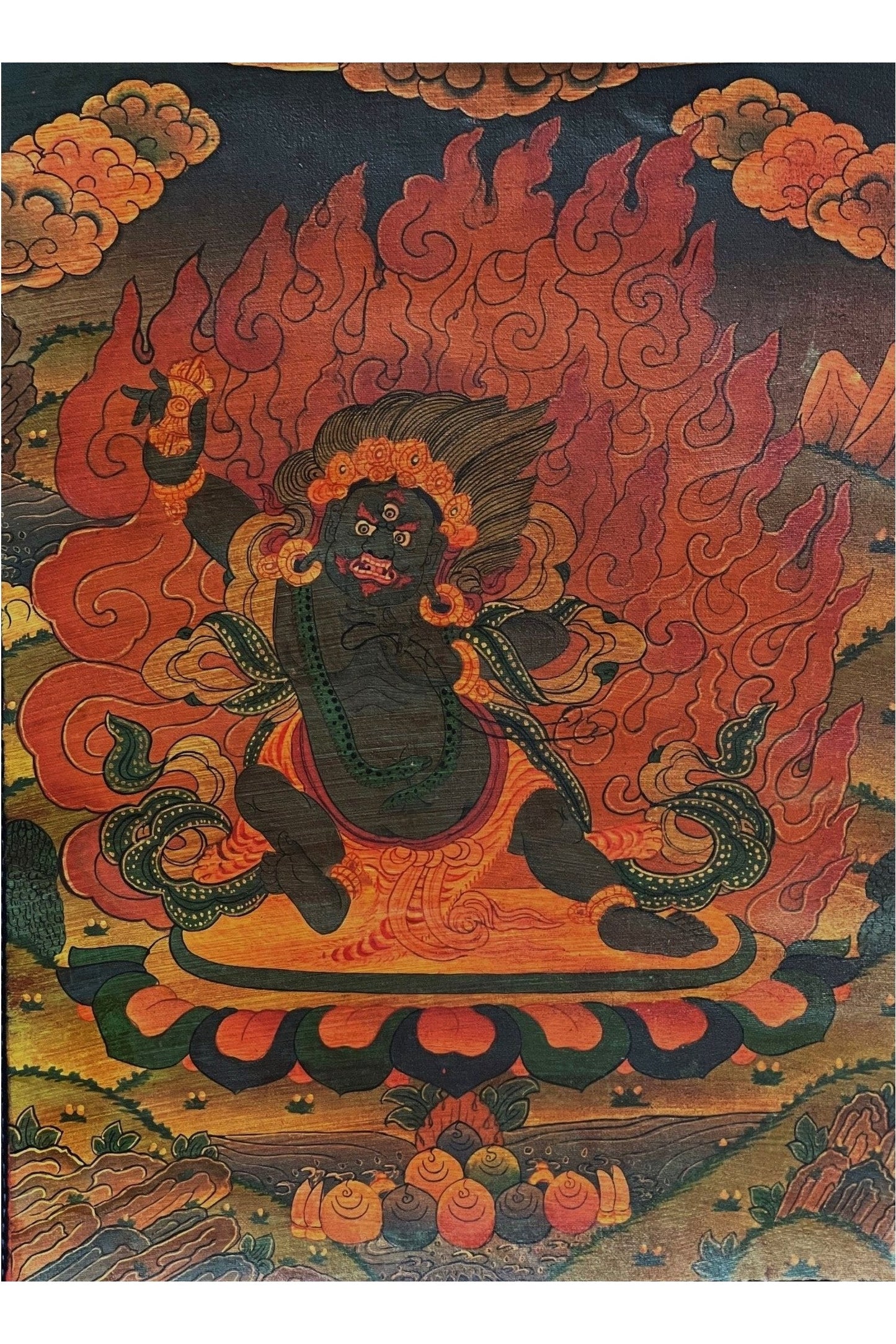 Vajrapani/ Dharmapala Old Oil Varnished Tibetan Thangka Painting Original Hand - Painted Buddhist Art with Cotton Brocade - Tibetan Thangka Art