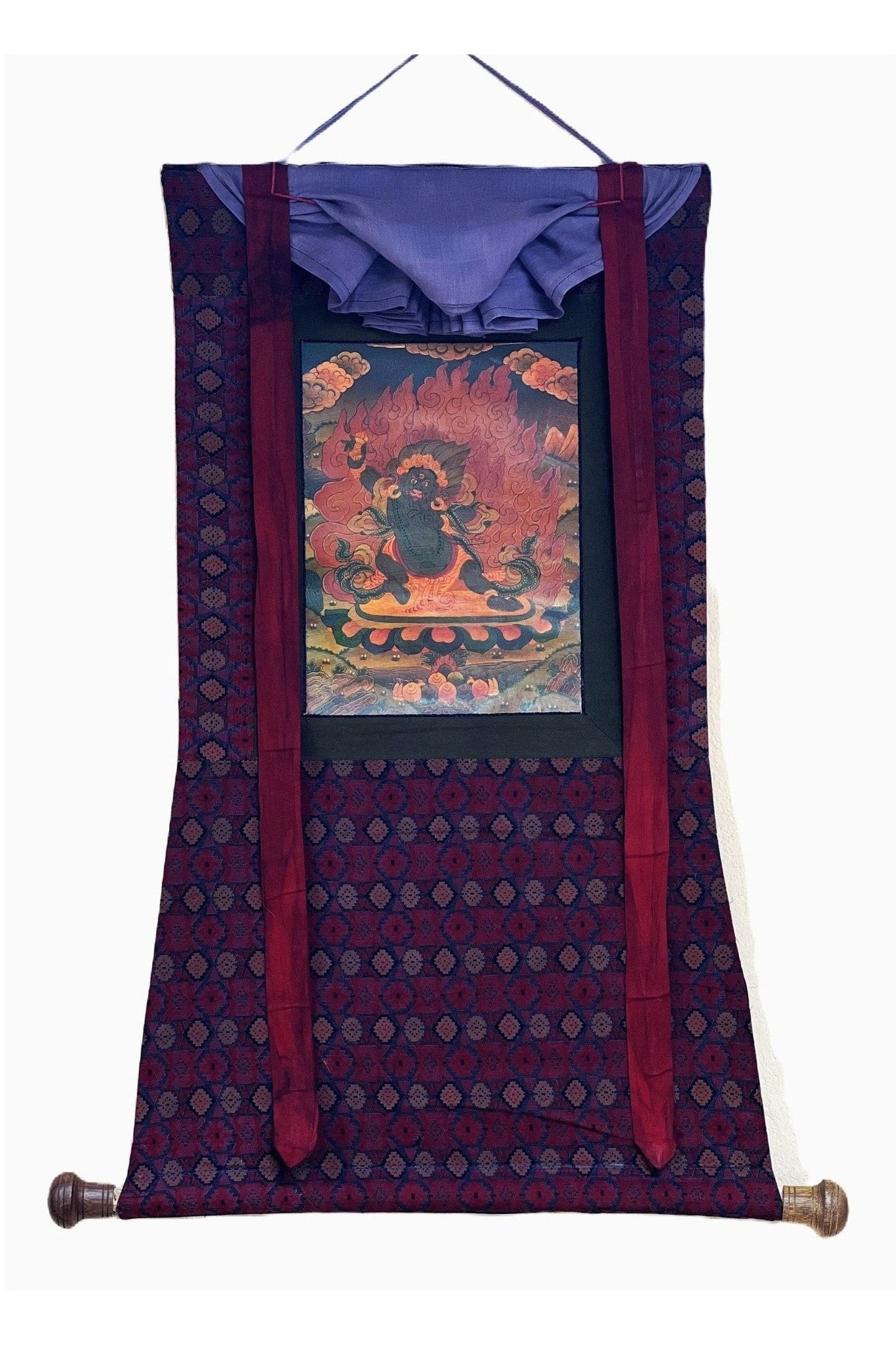 Vajrapani/ Dharmapala Old Oil Varnished Tibetan Thangka Painting Original Hand - Painted Buddhist Art with Cotton Brocade - Tibetan Thangka Art