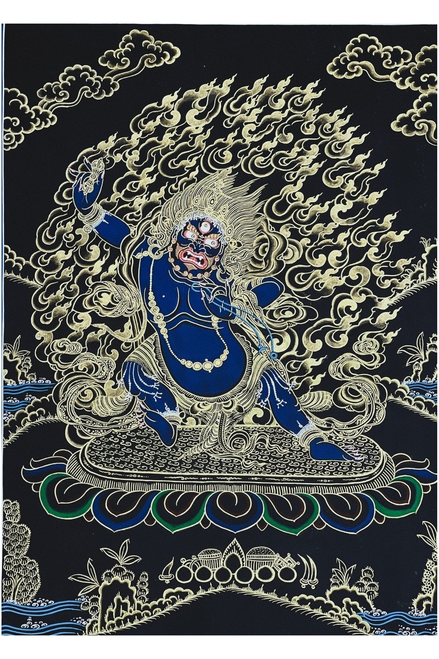 Vajrapani Dharmapala Thunderbolt - Bearer Black and Gold Tibetan Thangka Painting Original Hand - painted Buddhist Art - Tibetan Thangka Art