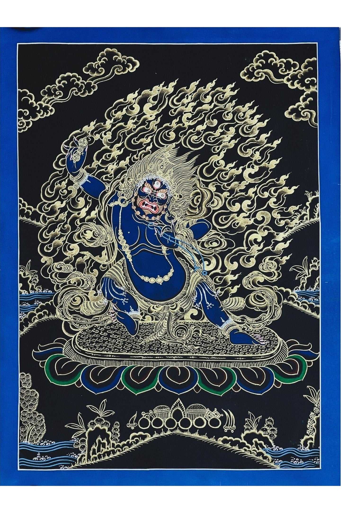 Vajrapani Dharmapala Thunderbolt - Bearer Black and Gold Tibetan Thangka Painting Original Hand - painted Buddhist Art - Tibetan Thangka Art