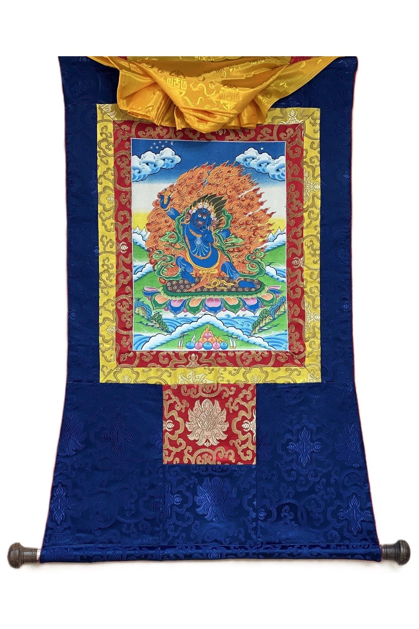 Vajrapani Dharmapala Thunderbolt - Wielder Original Hand Painted Tibetan Thangka Painting Meditation Art with Silk Brocade - Tibetan Thangka Art