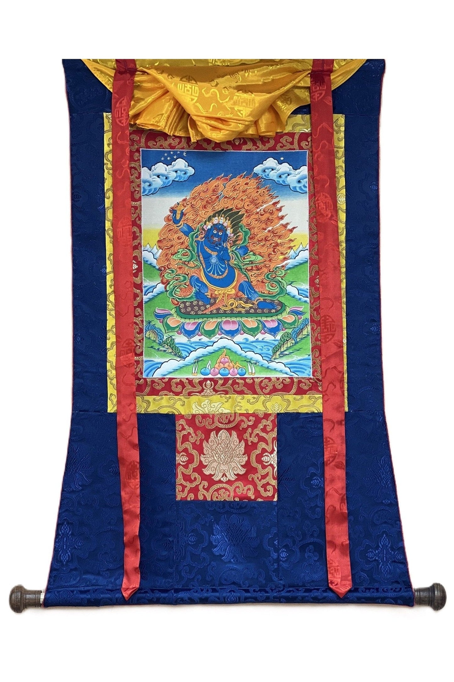 Vajrapani Dharmapala Thunderbolt - Wielder Original Hand Painted Tibetan Thangka Painting Meditation Art with Silk Brocade - Tibetan Thangka Art