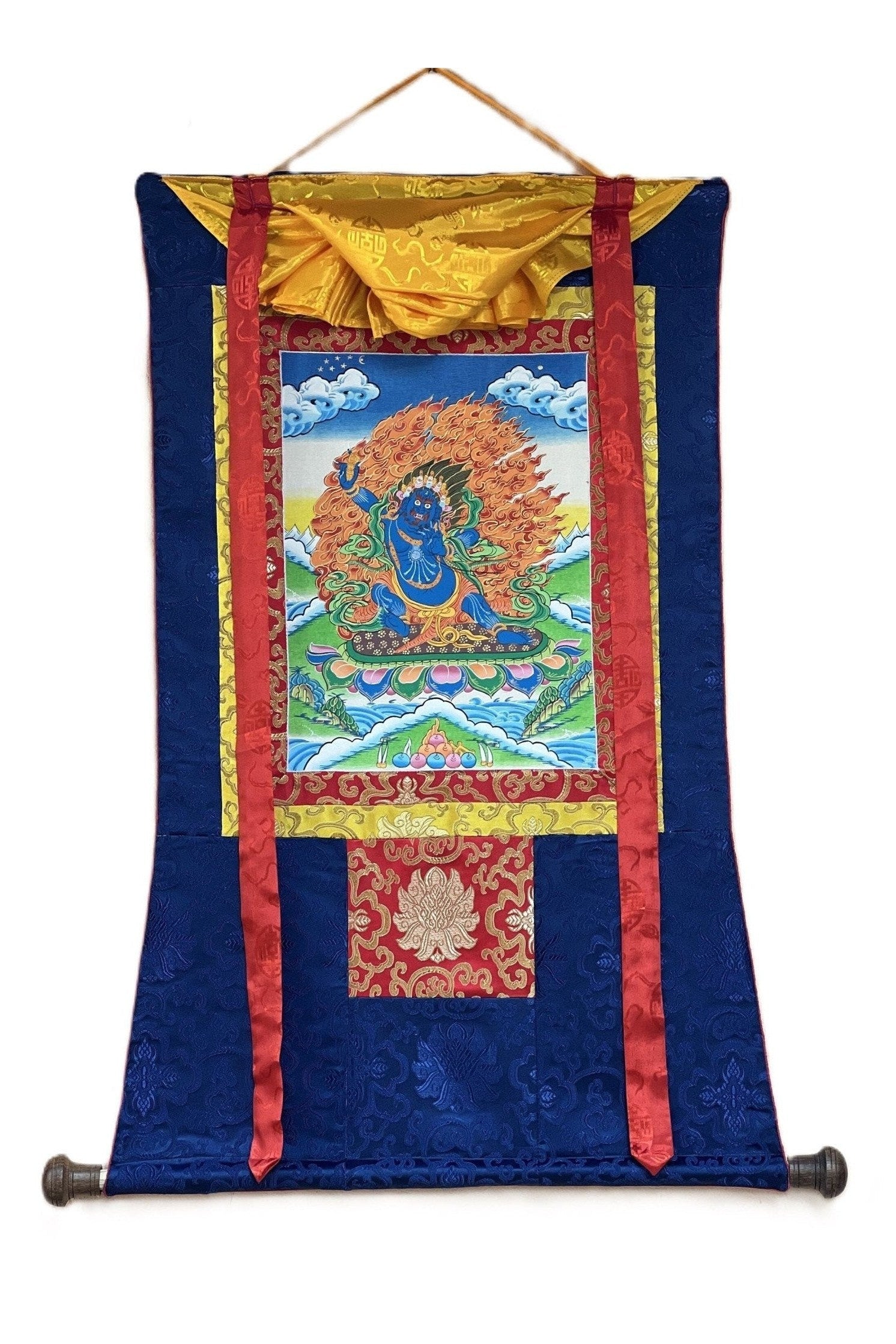 Vajrapani Dharmapala Thunderbolt - Wielder Original Hand Painted Tibetan Thangka Painting Meditation Art with Silk Brocade - Tibetan Thangka Art