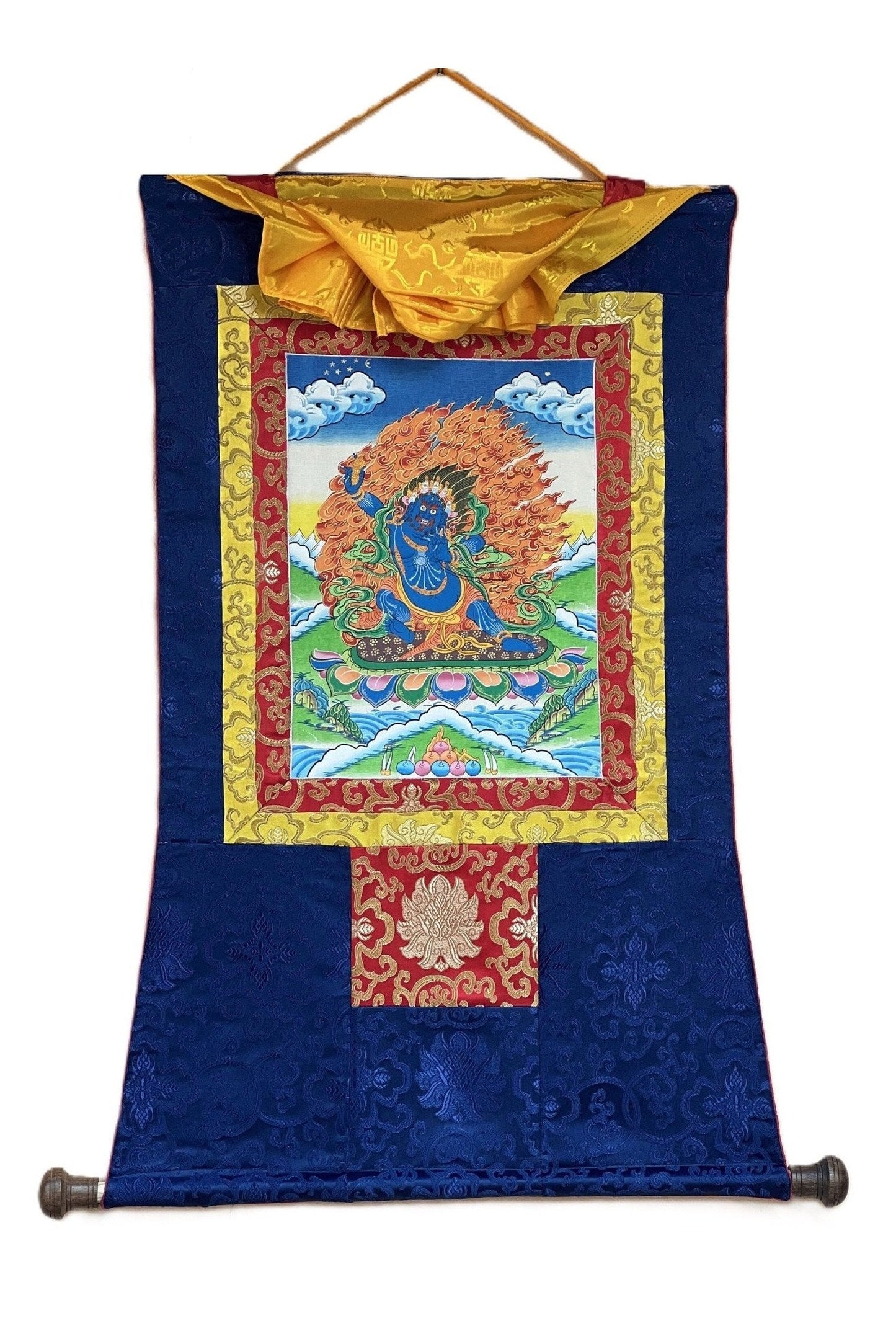 Vajrapani Dharmapala Thunderbolt - Wielder Original Hand Painted Tibetan Thangka Painting Meditation Art with Silk Brocade - Tibetan Thangka Art