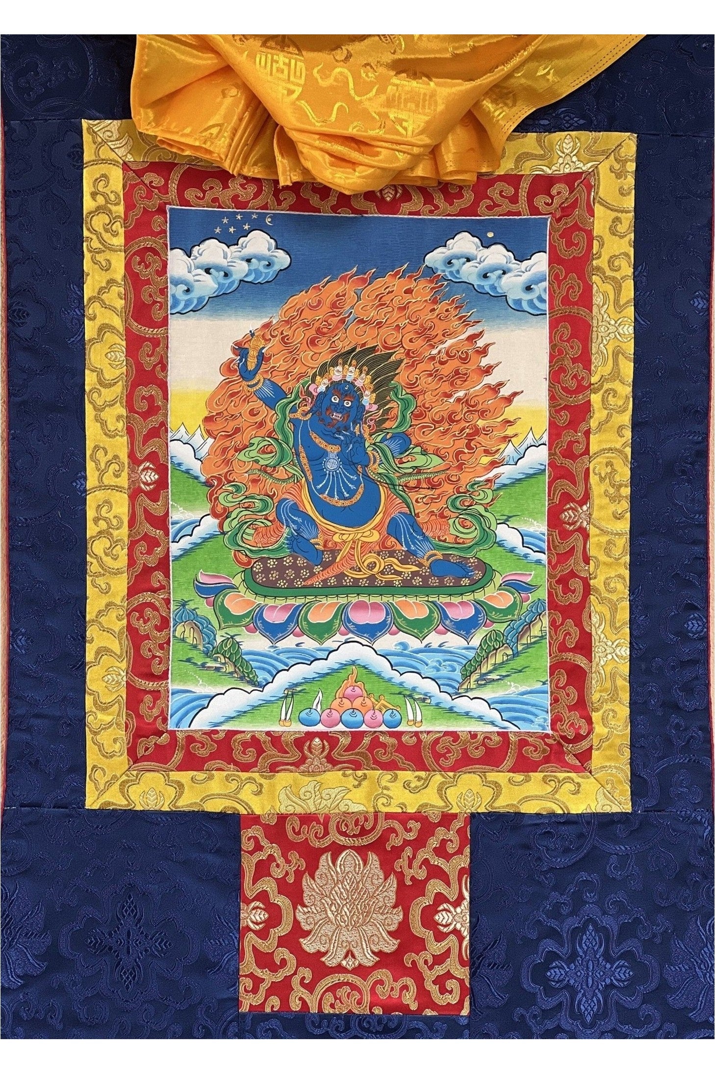 Vajrapani Dharmapala Thunderbolt - Wielder Original Hand Painted Tibetan Thangka Painting Meditation Art with Silk Brocade - Tibetan Thangka Art