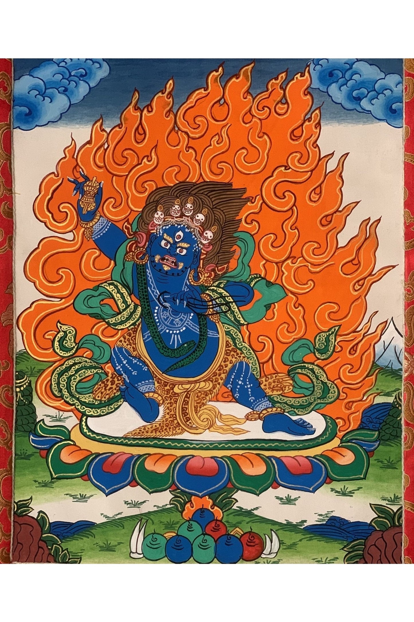 Vajrapani Thunderbolt - Wielder, Dharmapala Original Hand Painted Tibetan Thangka Meditation Art with traditional Silk Brocade - Tibetan Thangka Art