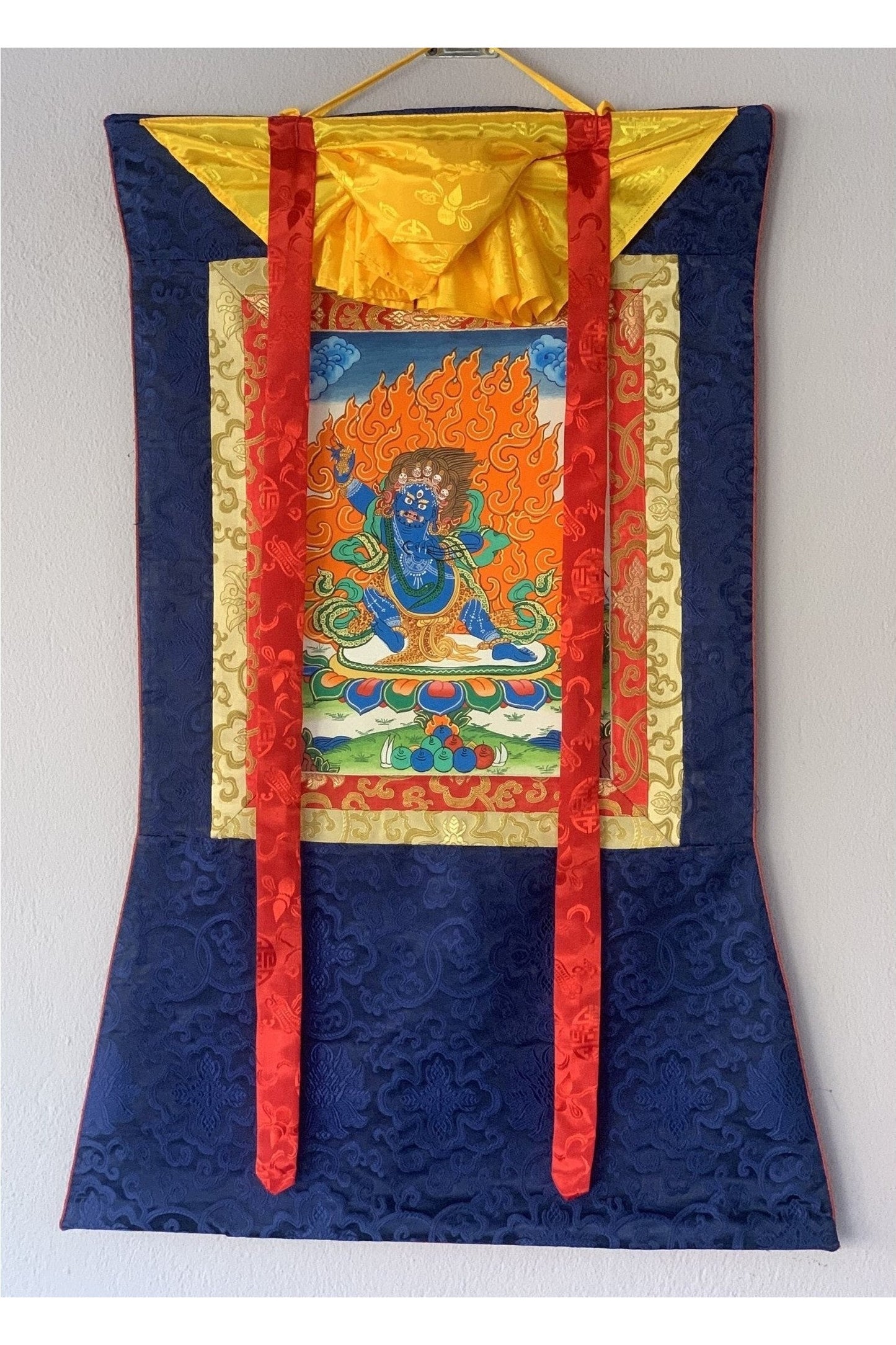 Vajrapani Thunderbolt - Wielder, Dharmapala Original Hand Painted Tibetan Thangka Meditation Art with traditional Silk Brocade - Tibetan Thangka Art