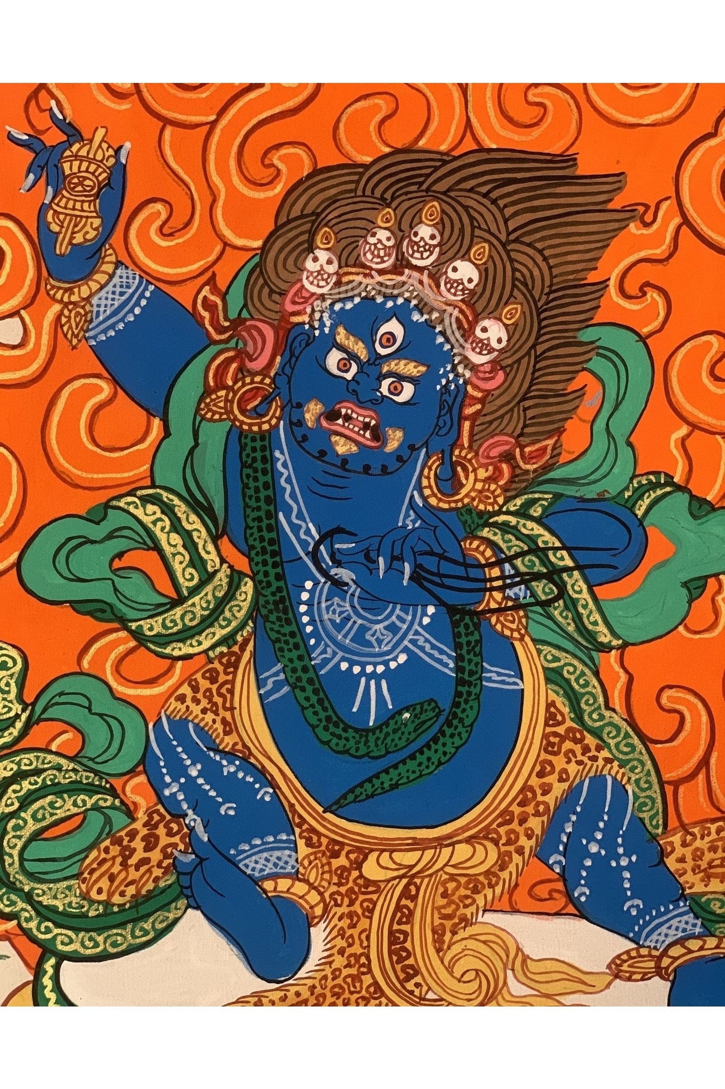 Vajrapani Thunderbolt - Wielder, Dharmapala Original Hand Painted Tibetan Thangka Meditation Art with traditional Silk Brocade - Tibetan Thangka Art