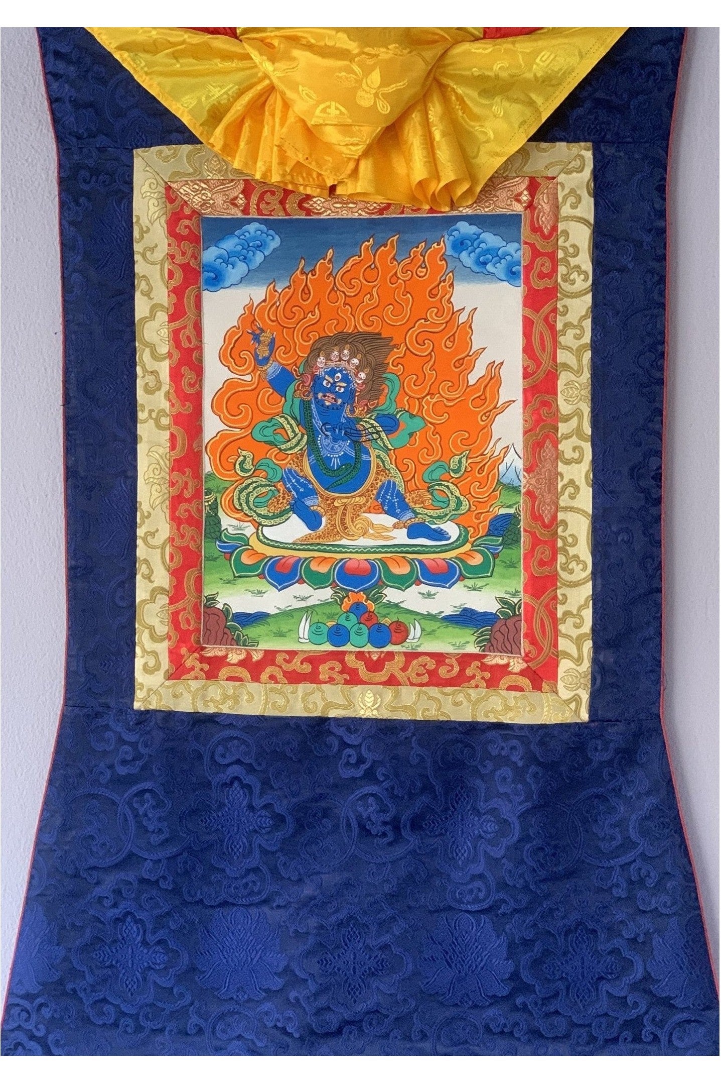 Vajrapani Thunderbolt - Wielder, Dharmapala Original Hand Painted Tibetan Thangka Meditation Art with traditional Silk Brocade - Tibetan Thangka Art