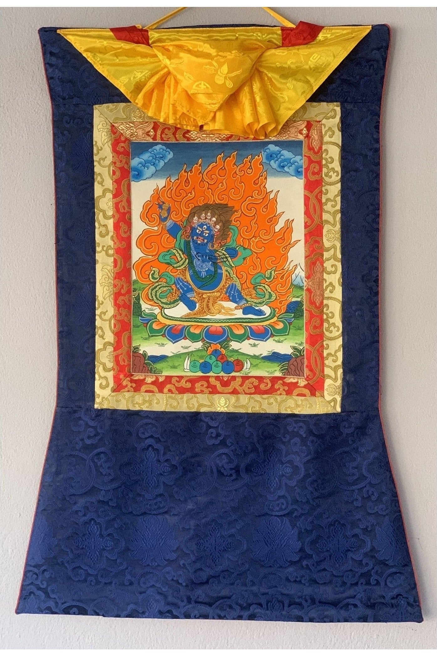 Vajrapani Thunderbolt - Wielder, Dharmapala Original Hand Painted Tibetan Thangka Meditation Art with traditional Silk Brocade - Tibetan Thangka Art