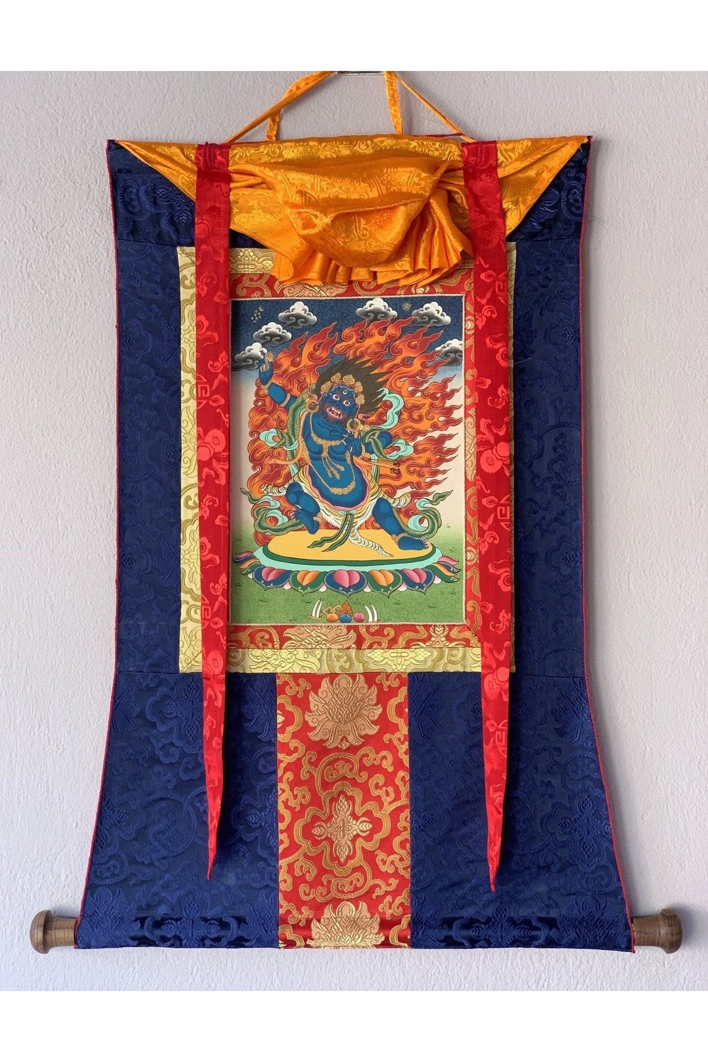 Vajrapani, Thunderbolt - Wielder, Original Hand Painted Tibetan Thangka Meditation Art with Silk Frame ( Brocade) - Tibetan Thangka Art