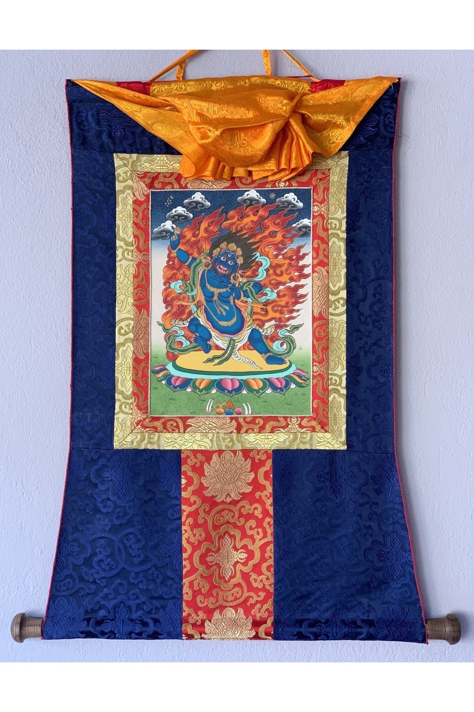 Vajrapani, Thunderbolt - Wielder, Original Hand Painted Tibetan Thangka Meditation Art with Silk Frame ( Brocade) - Tibetan Thangka Art