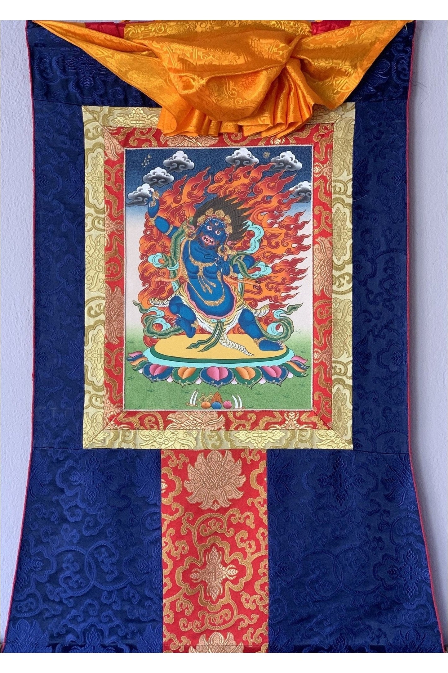 Vajrapani, Thunderbolt - Wielder, Original Hand Painted Tibetan Thangka Meditation Art with Silk Frame ( Brocade) - Tibetan Thangka Art