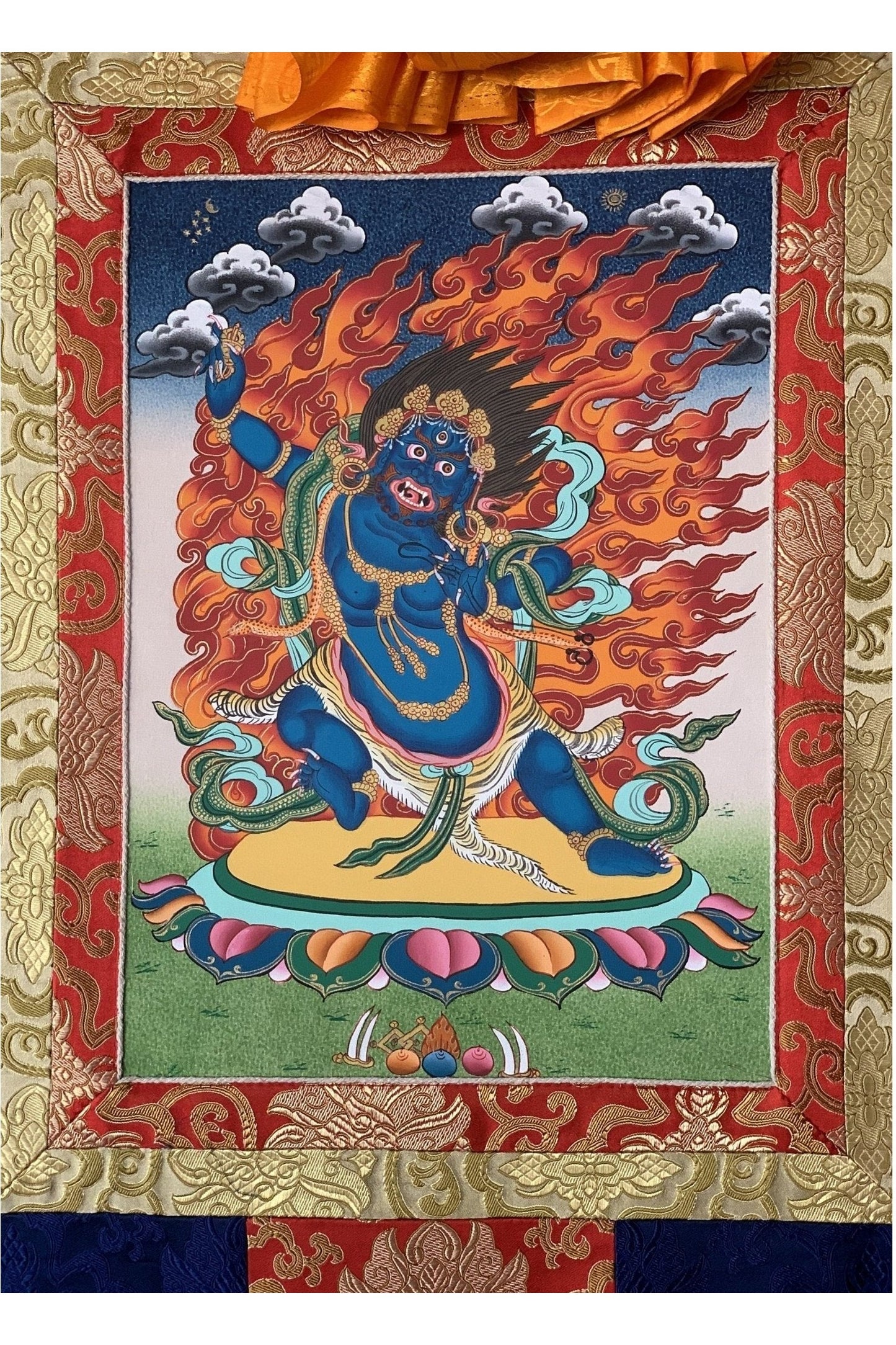 Vajrapani, Thunderbolt - Wielder, Original Hand Painted Tibetan Thangka Meditation Art with Silk Frame ( Brocade) - Tibetan Thangka Art