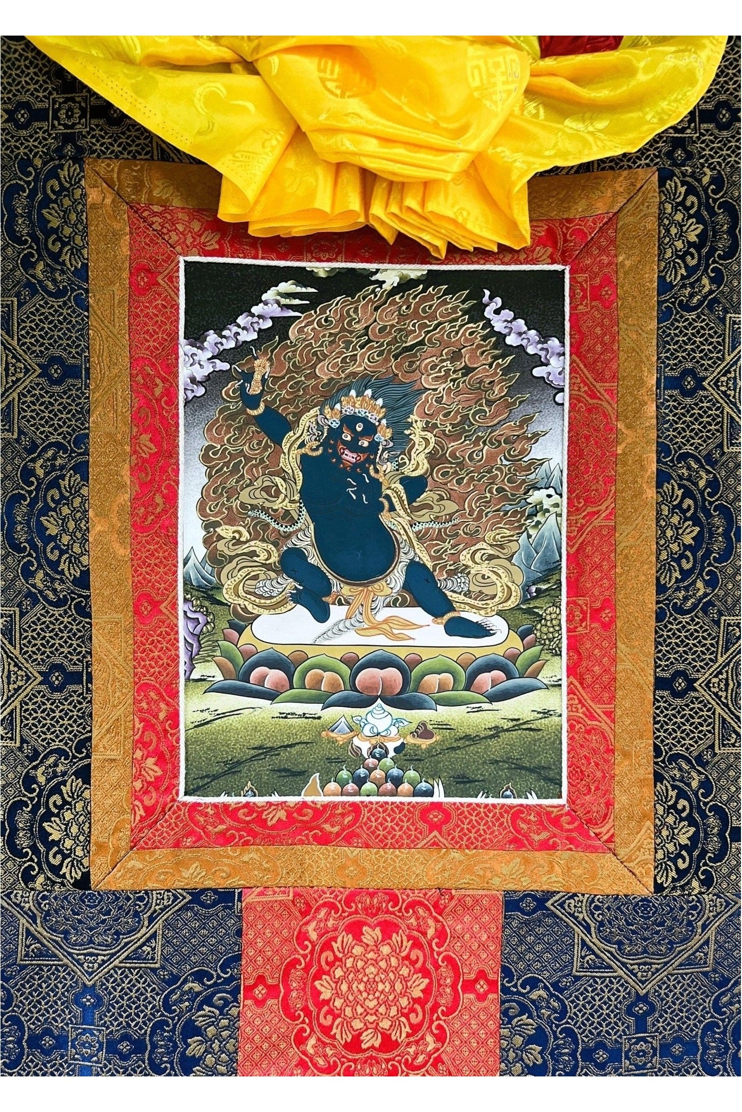 Vajrapani/ Thunderbolt - Wielder, Original Hand Painted Tibetan Thangka Painting Meditation Art with Premium Silk Frame ( Brocade) - Tibetan Thangka Art