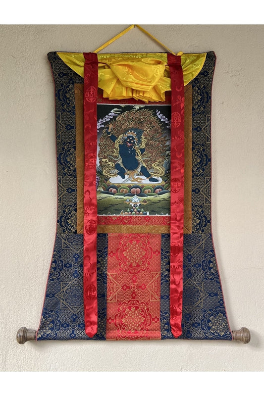 Vajrapani/ Thunderbolt - Wielder, Original Hand Painted Tibetan Thangka Painting Meditation Art with Premium Silk Frame ( Brocade) - Tibetan Thangka Art