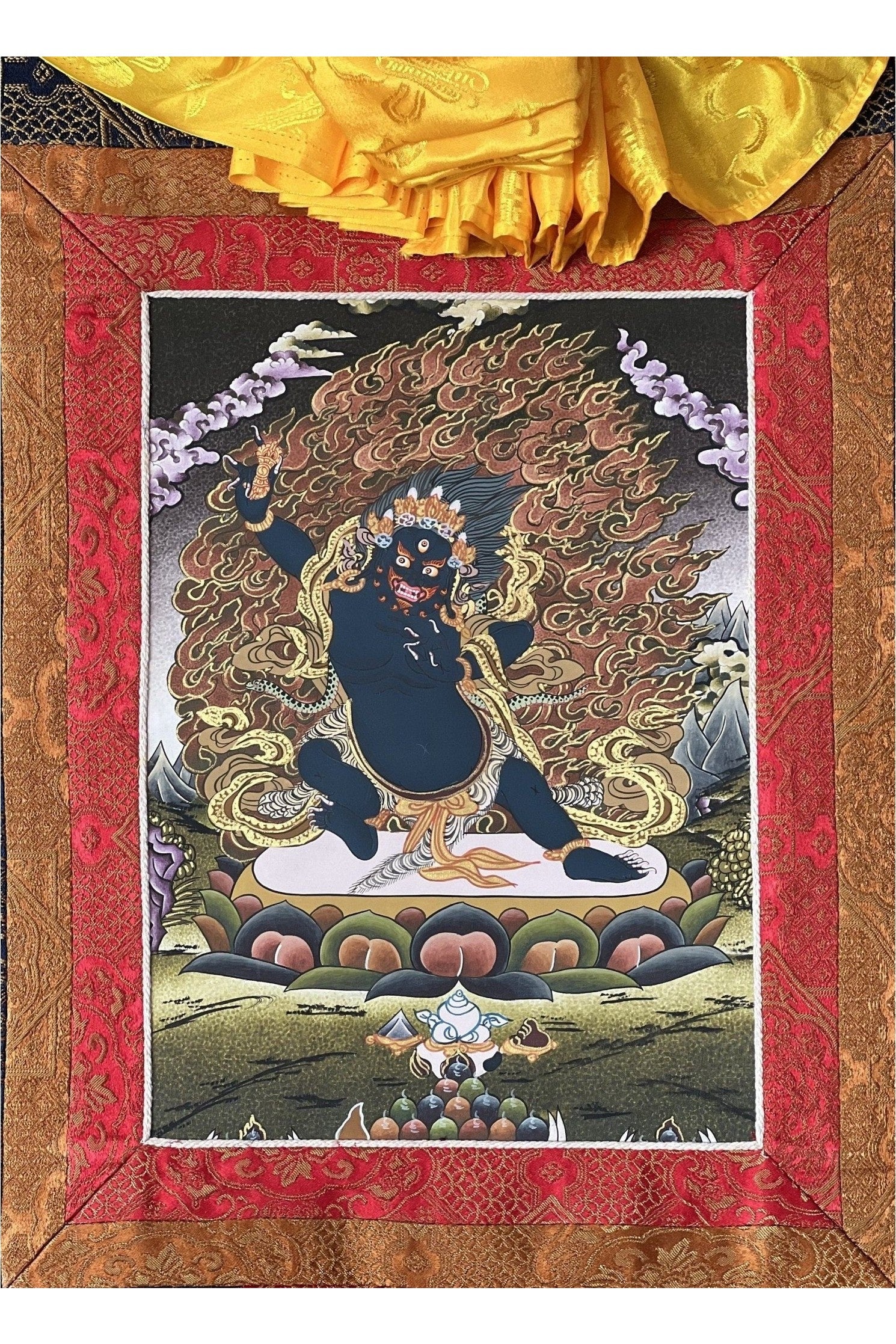 Vajrapani/ Thunderbolt - Wielder, Original Hand Painted Tibetan Thangka Painting Meditation Art with Premium Silk Frame ( Brocade) - Tibetan Thangka Art